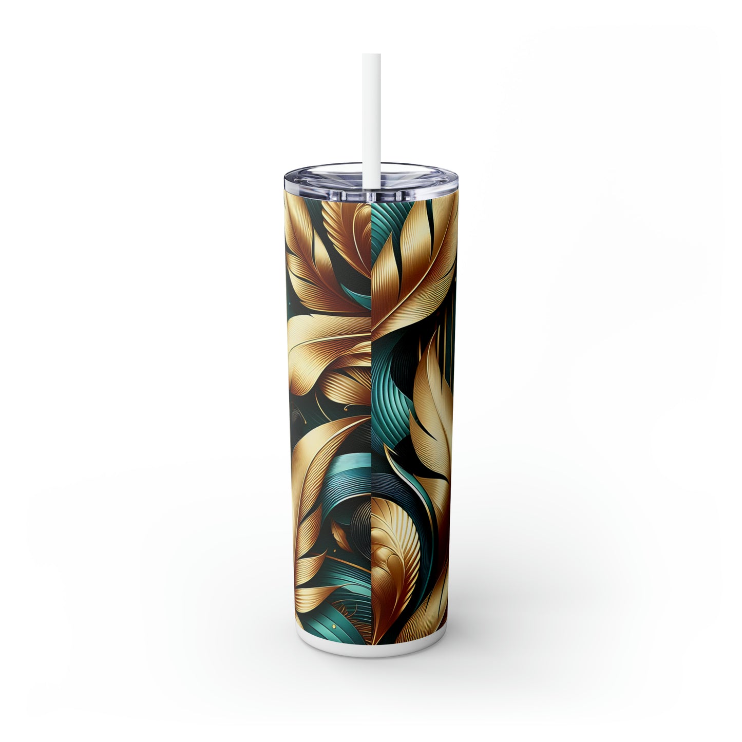 Skinny Tumbler with Straw, 20oz, Green and Gold Leaves, awd-309