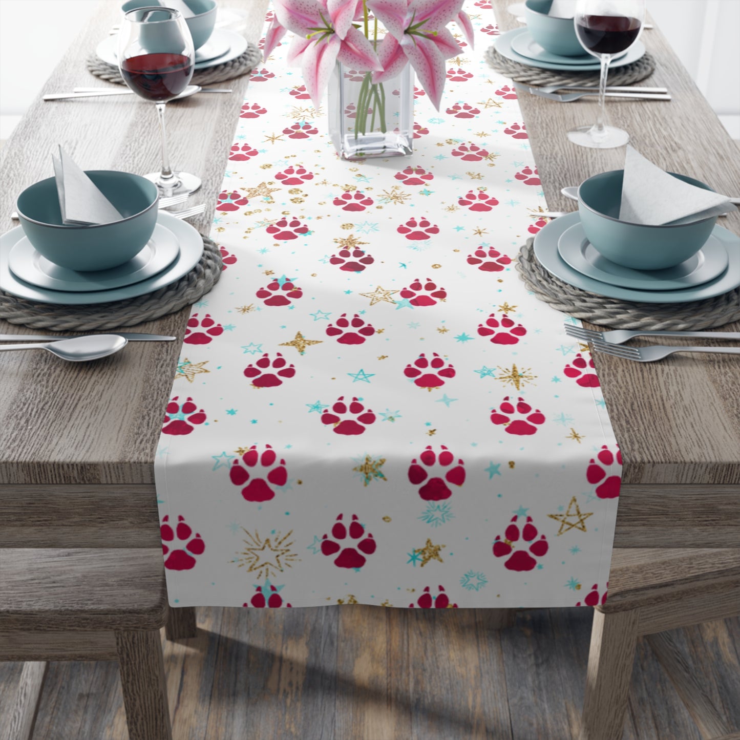 Doggie Paws Christmas Table Runner, Cotton Twill and Poly Available