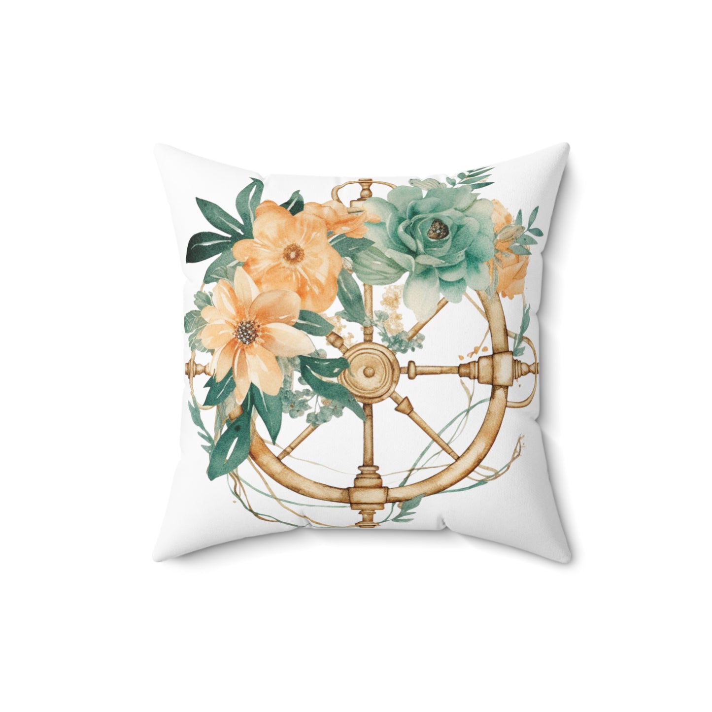 Nautical Polyester Square Cushion, Nautical cushion, Floral Ships Wheel