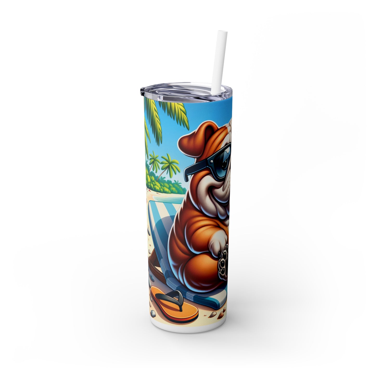 Skinny Tumbler with Straw, 20oz, Dog on Beach, English Bulldog, awd-1210