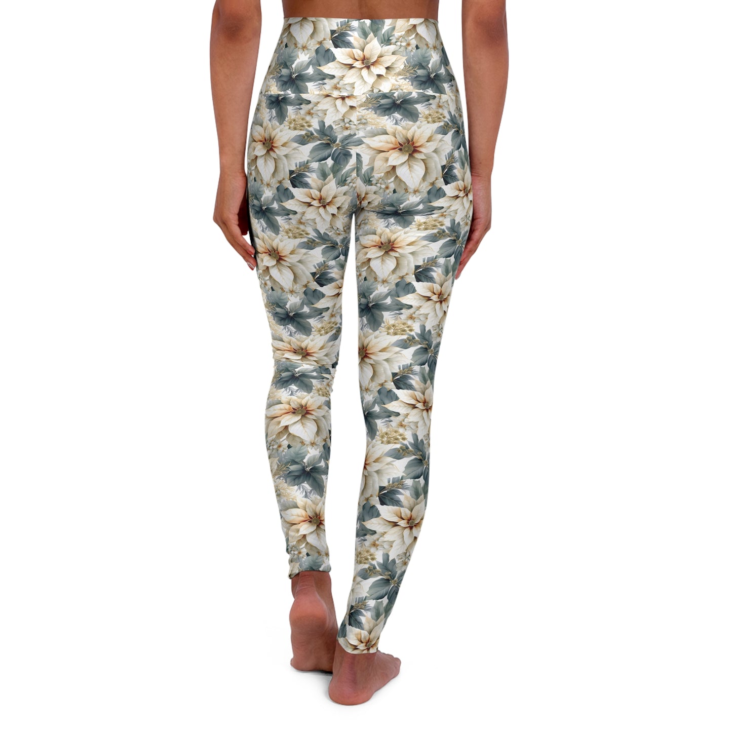 High Waisted Yoga Leggings, White Poinsettia