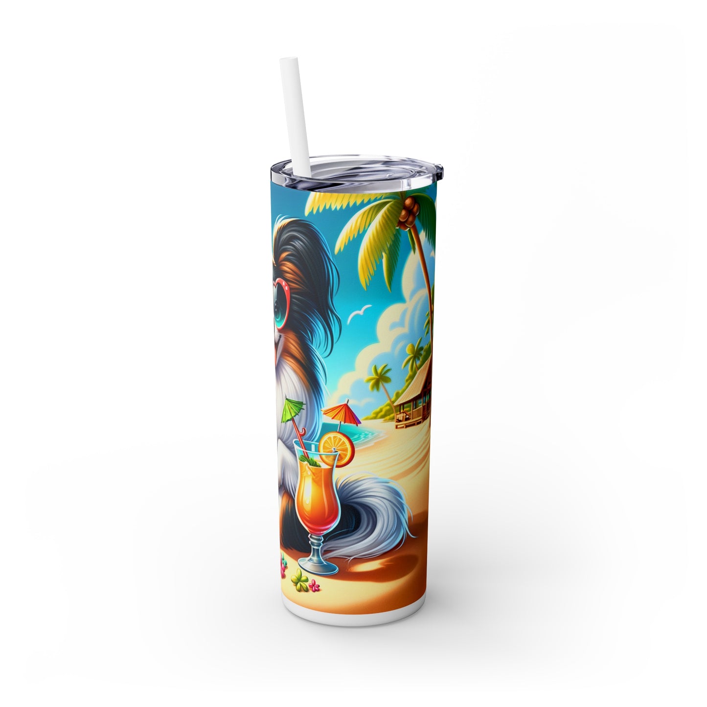 Skinny Tumbler with Straw, 20oz, Dog on Beach, Old Papillon, awd-1229