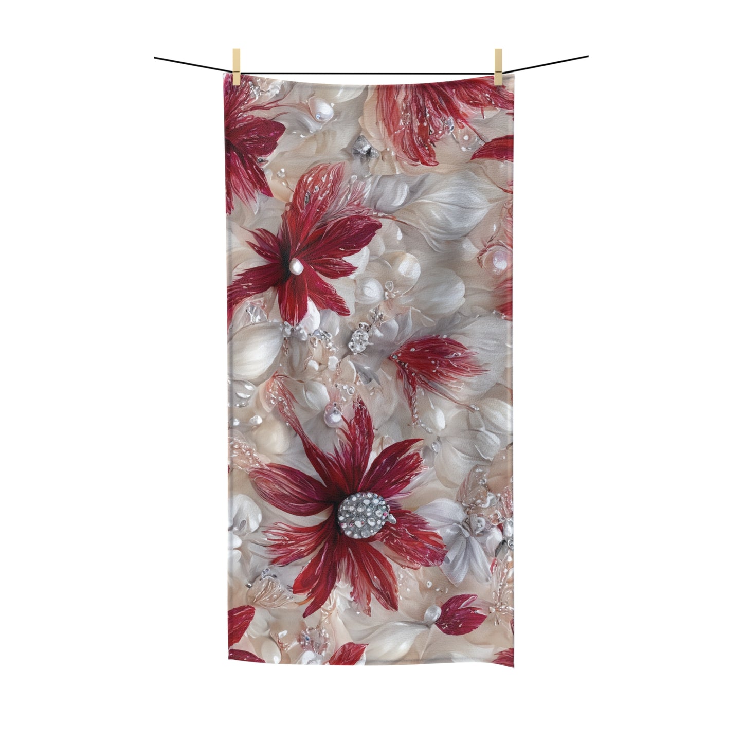 Beach Towel,  Red Floral, Polycotton Towel