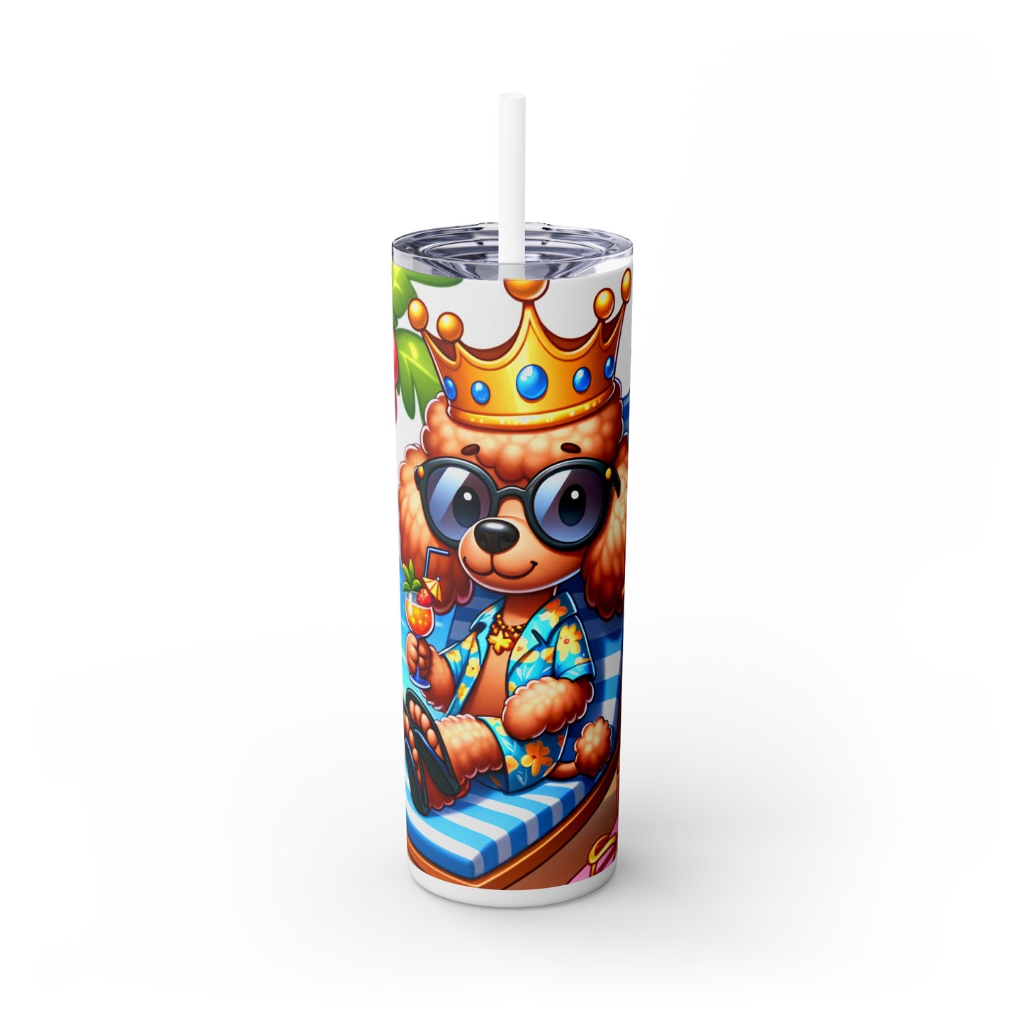 Skinny Tumbler with Straw, 20oz, Dog on Beach, Poodle with Crown, awd-1233