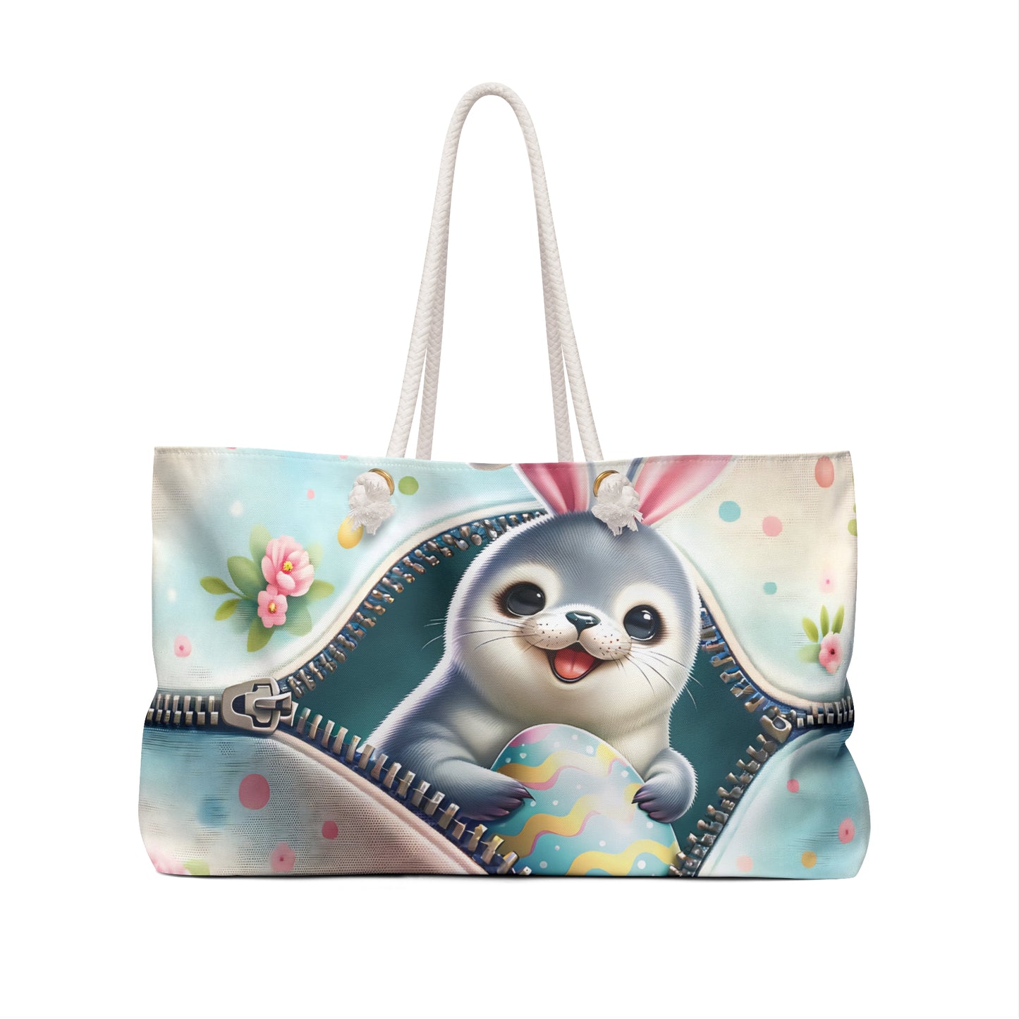 Personalised/Non-Personalised Weekender Bag, Easter, Cute Seal with Bunny Ears, Large Weekender Bag, Beach Bag, Book Bag