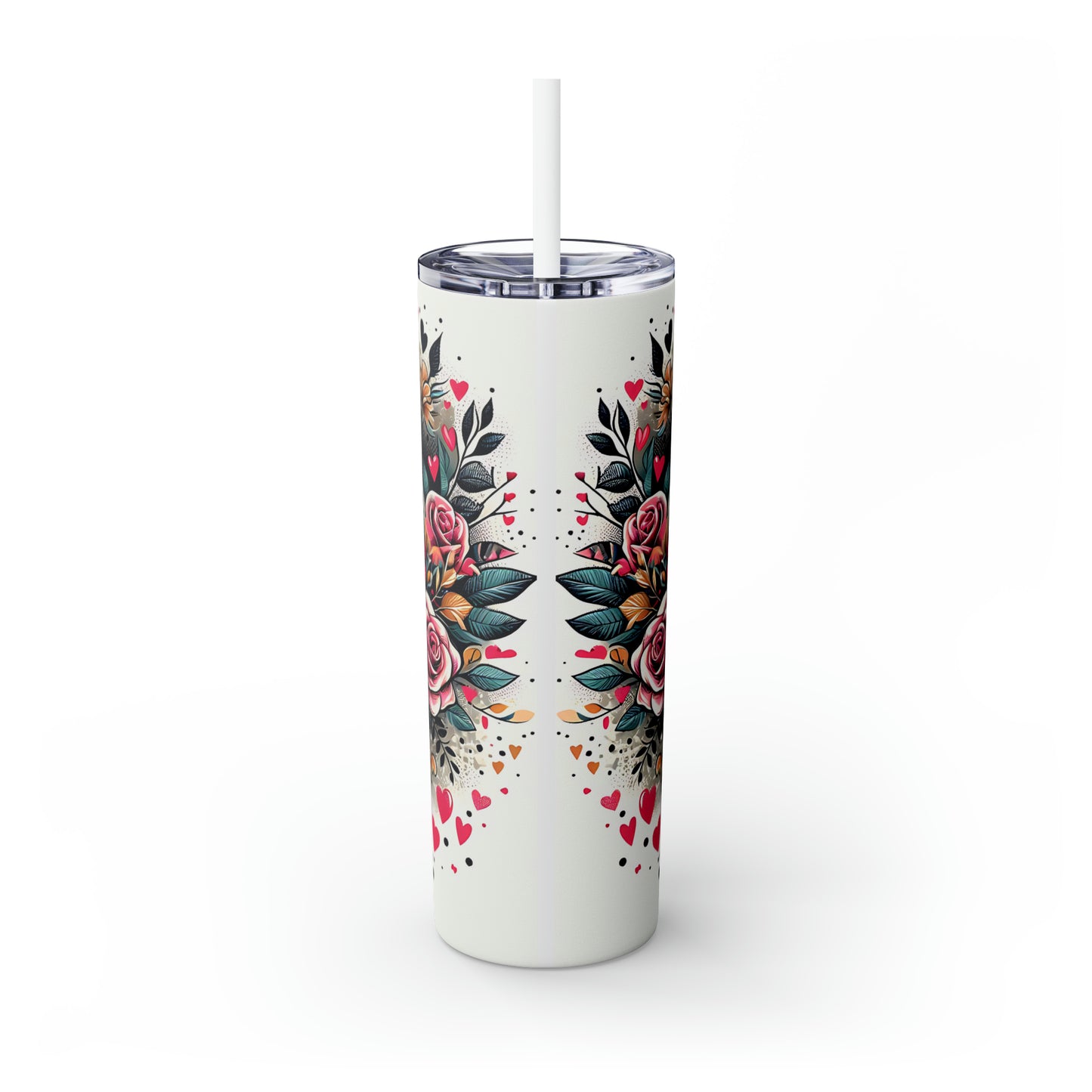 Skinny Tumbler with Straw, 20oz, Heart Leopard, awd-422