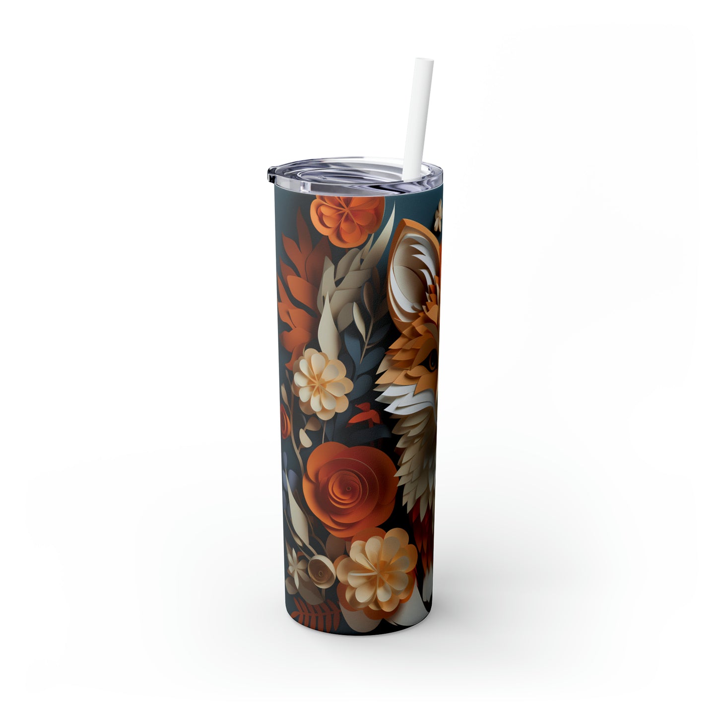 Skinny Tumbler with Straw, 20oz, Floral Paper Cut Fox, awd-426