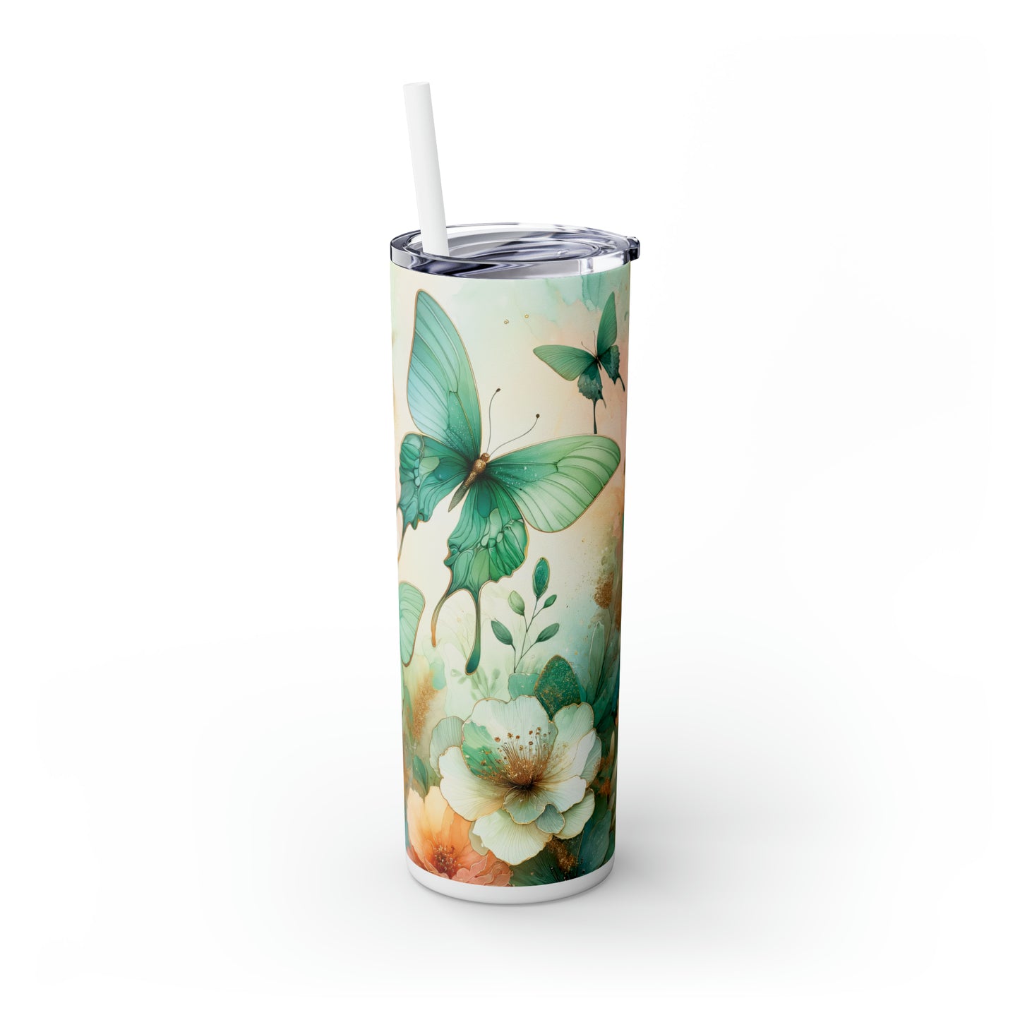 Skinny Tumbler with Straw, 20oz, Floral Butterflies, awd-716