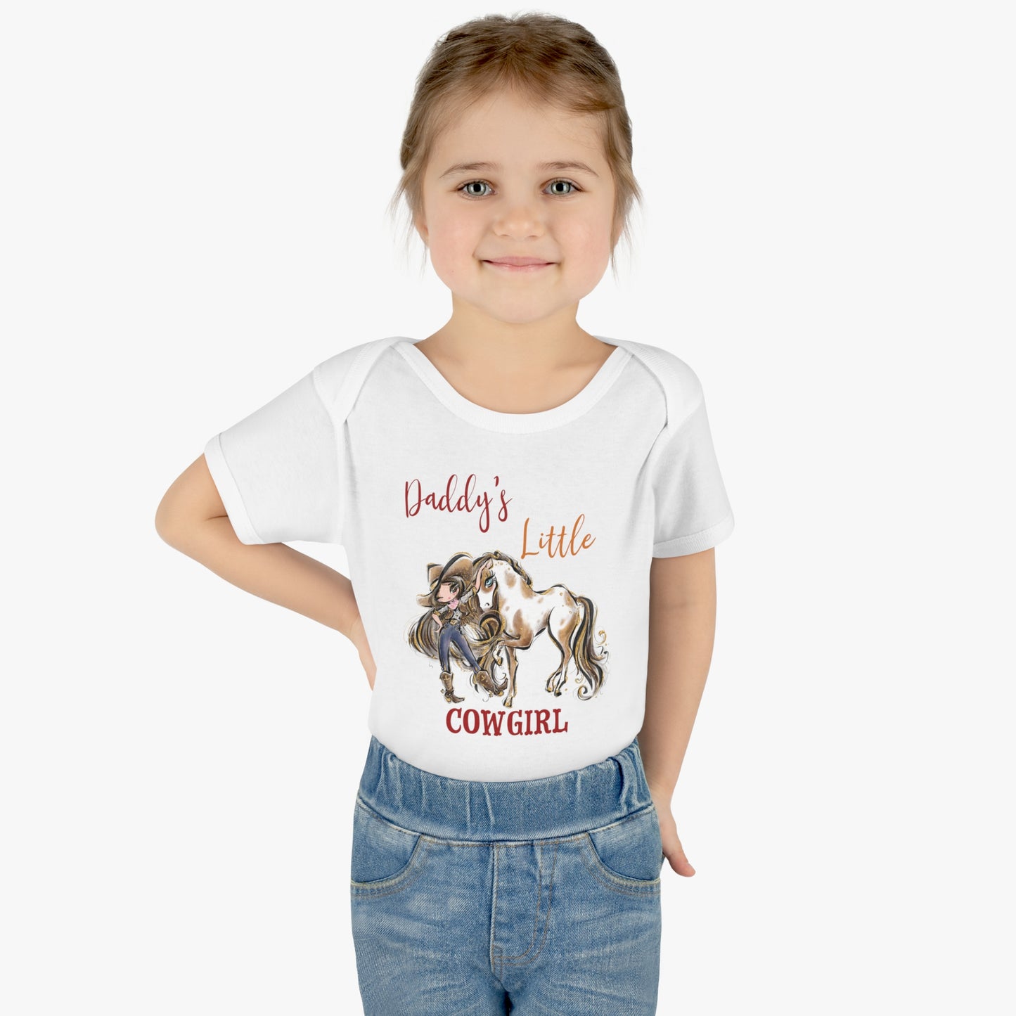 Infant Baby Rib Bodysuit, Daddy's Little Cowgirl baby Bodysuit, Cowboy Boots, Girl and Horse