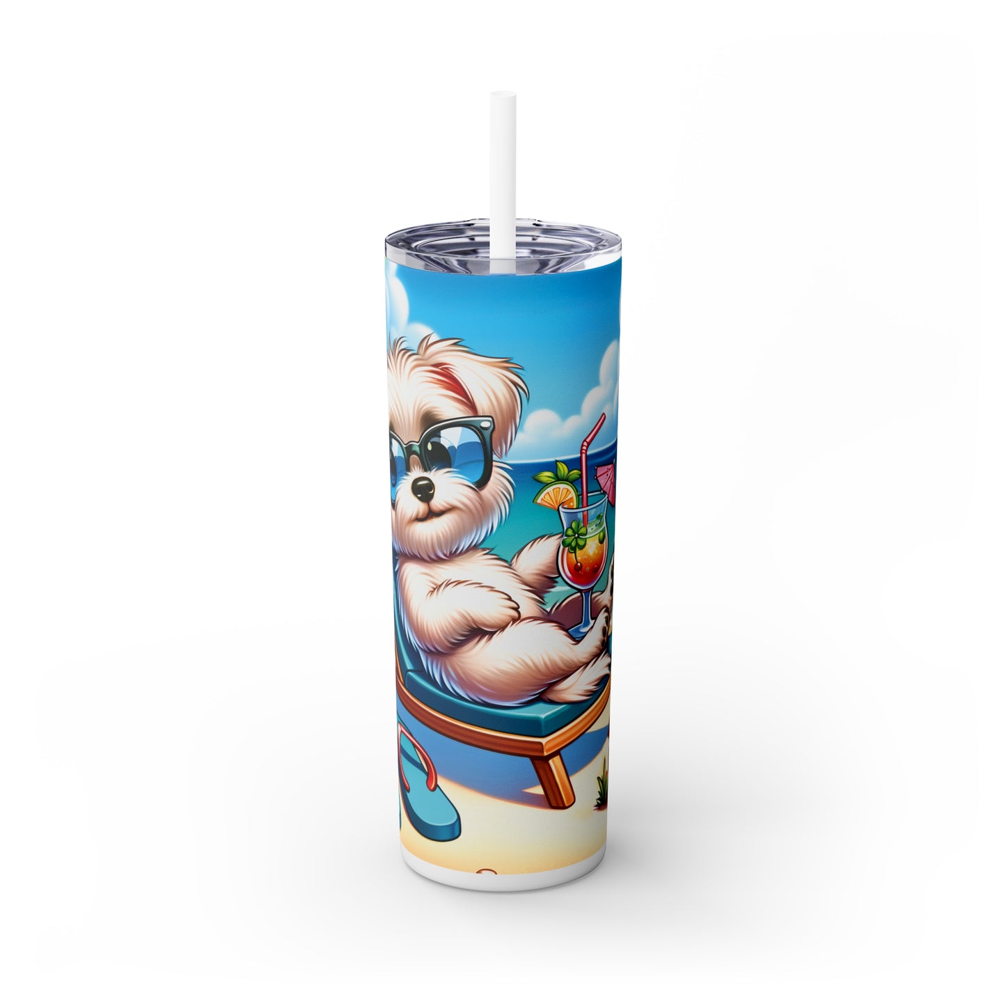 Skinny Tumbler with Straw, 20oz, Dog on Beach, Maltese, awd-1222