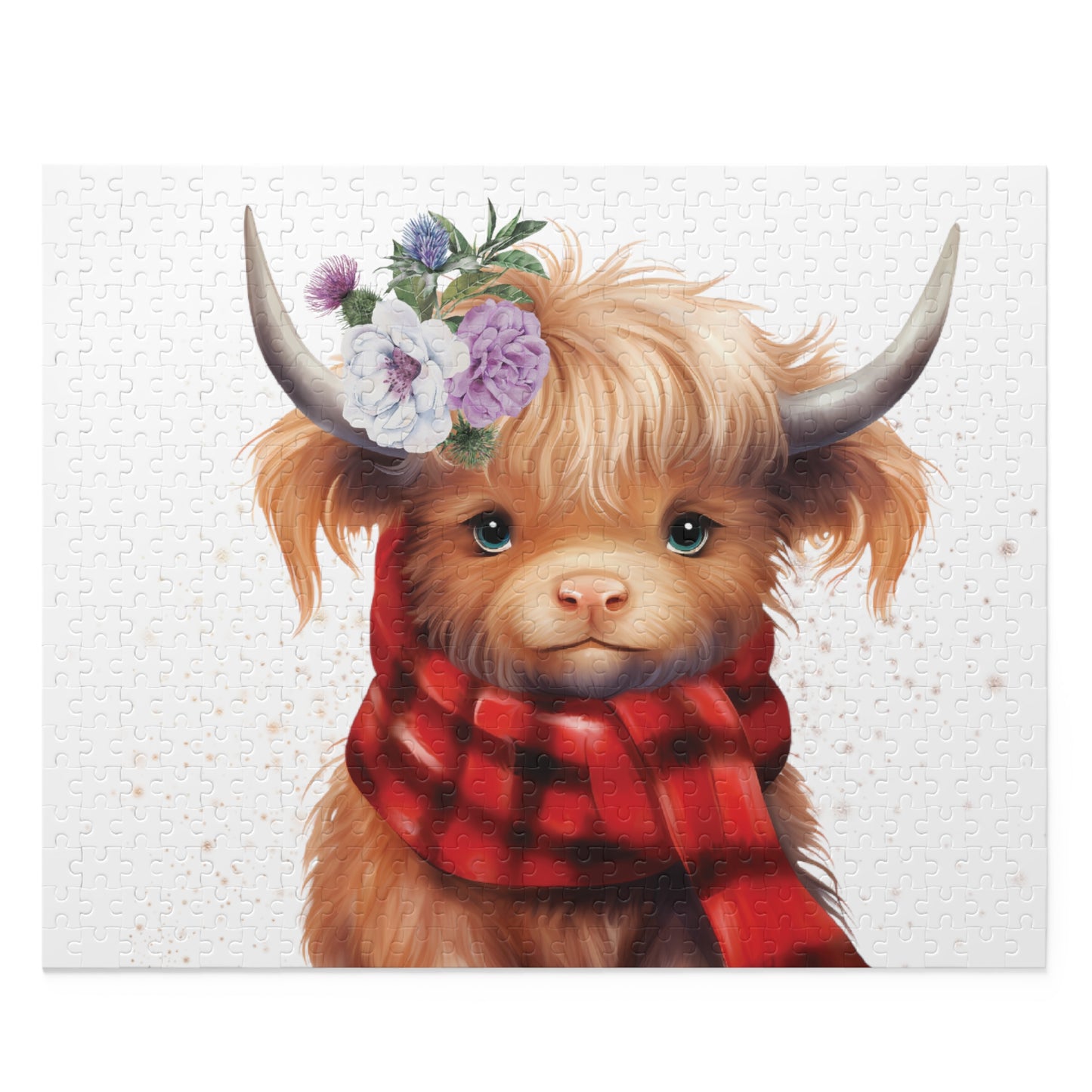 Personalised/Non-Personalised Puzzle, Highland Cow with red tartan scarf (120, 252, 500-Piece)