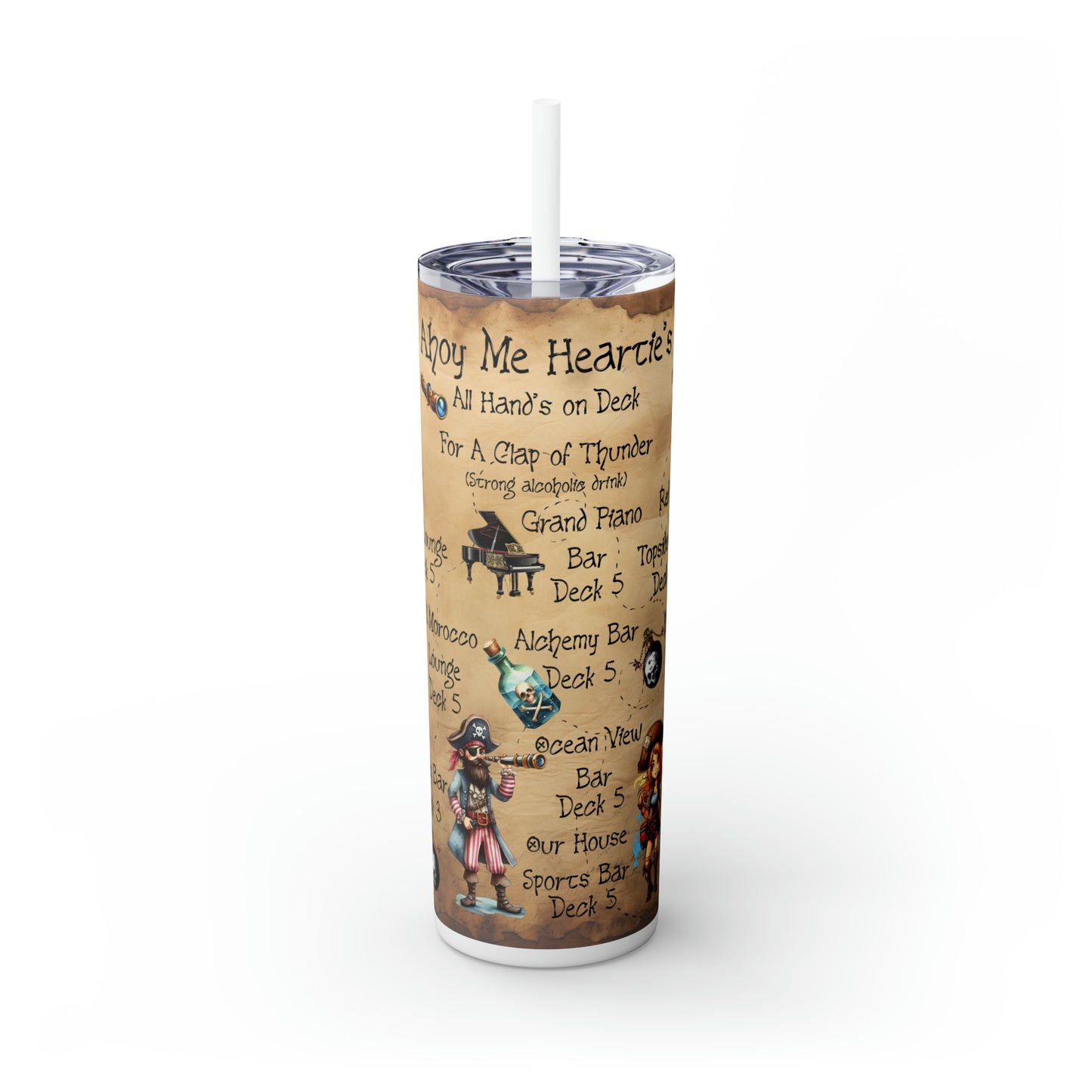 Skinny Tumbler with Straw, 20oz, Cruise, Pirate Map Cruise Bar Crawl