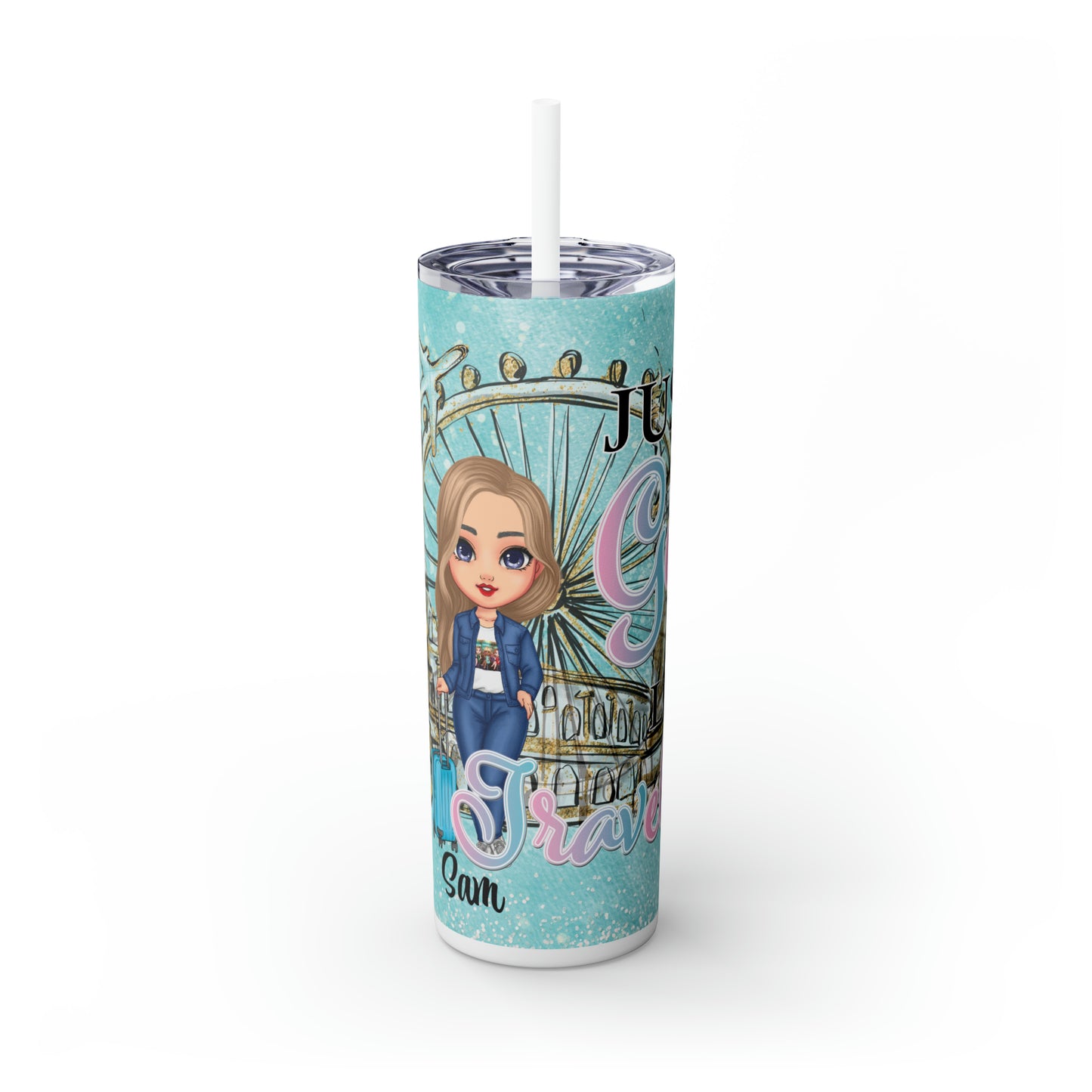 Skinny Tumbler with Straw, 20oz, Personalized, Just A Girl Who Loves Travelling, Blonde Hair