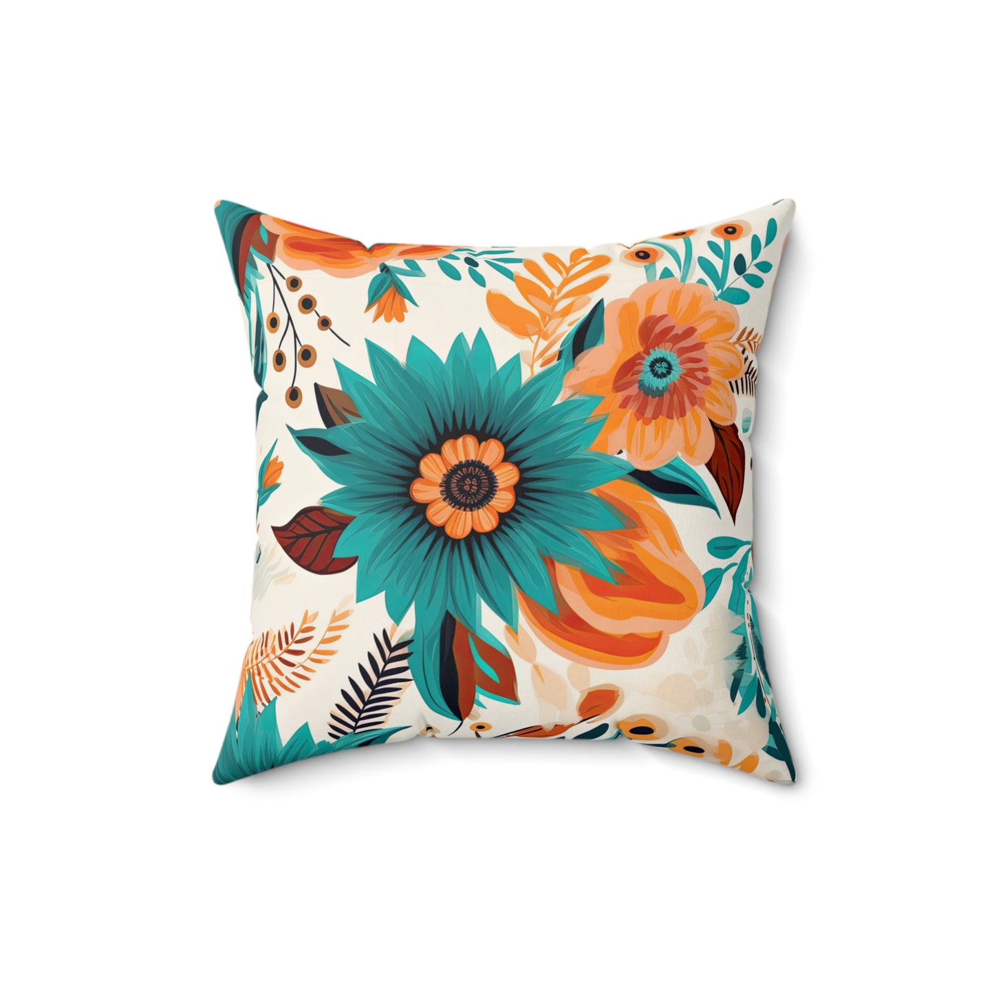 Spun Polyester Square Pillow, Retro Boho Floral Cushion