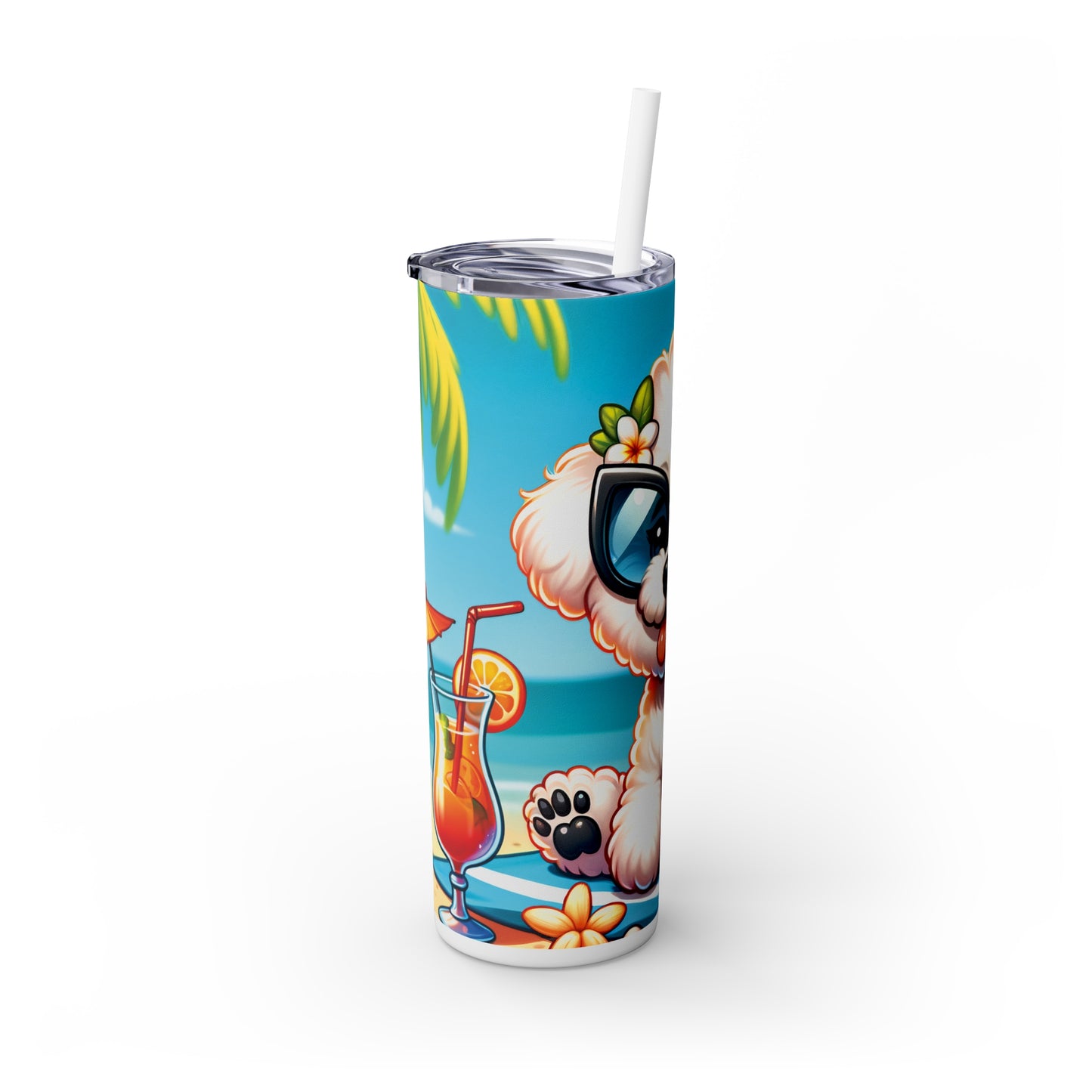 Skinny Tumbler with Straw, 20oz, Dog on Beach, Bichon Frise, awd-1107