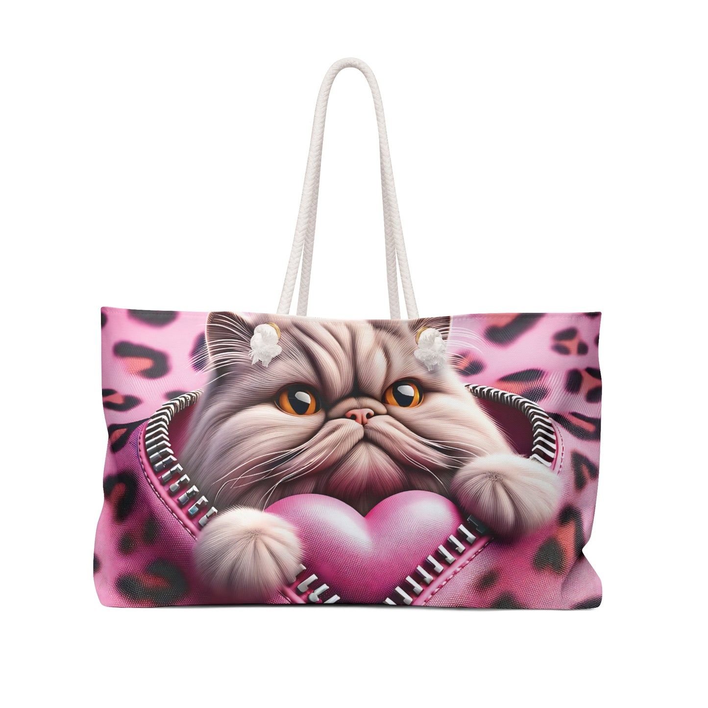 Personalised/Non-Personalised Weekender Bag, Cute Cat, Zipper, Valentines Day, Large Weekender Bag, Beach Bag, Book Bag