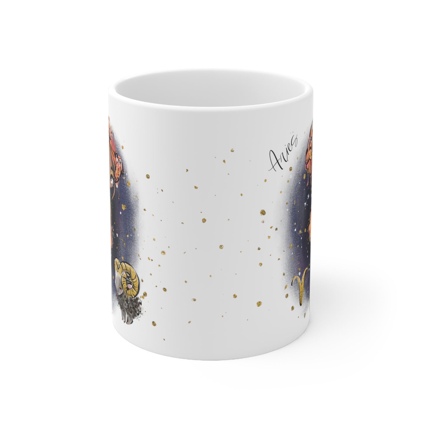 Personalised/Non Personalised Zodiac Sign, Aries, Ceramic Mug 11oz Red Hair - Olive Skin - Brown Eyes - Bg