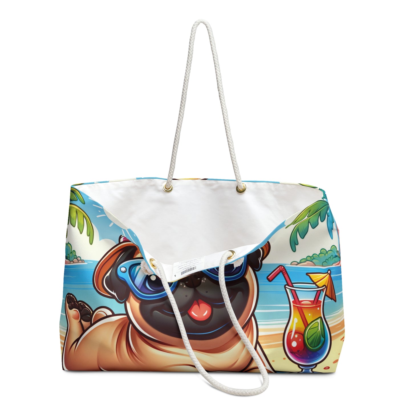 Personalised/Non-Personalised Weekender Bag, Summer Beach Dog, Pug, Large Weekender Bag, Beach Bag, Book Bag