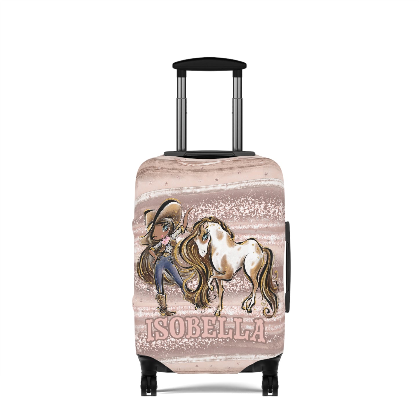 Luggage Cover, Howdy Cowgirl and Horse, Brunette Hair Olive Skin Blue Eyes