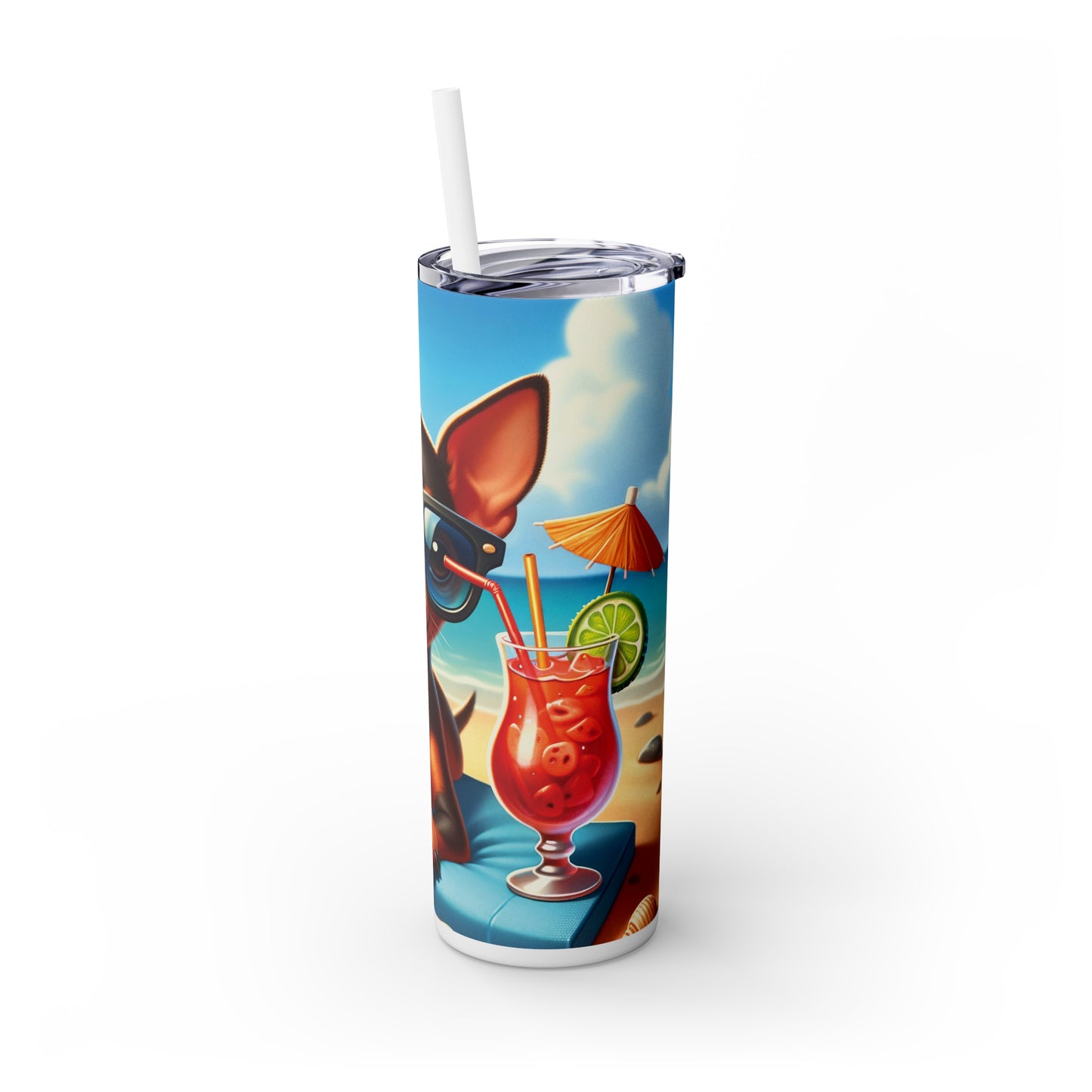 Skinny Tumbler with Straw, 20oz, Dog on Beach, Miniature Pincher, awd-1225