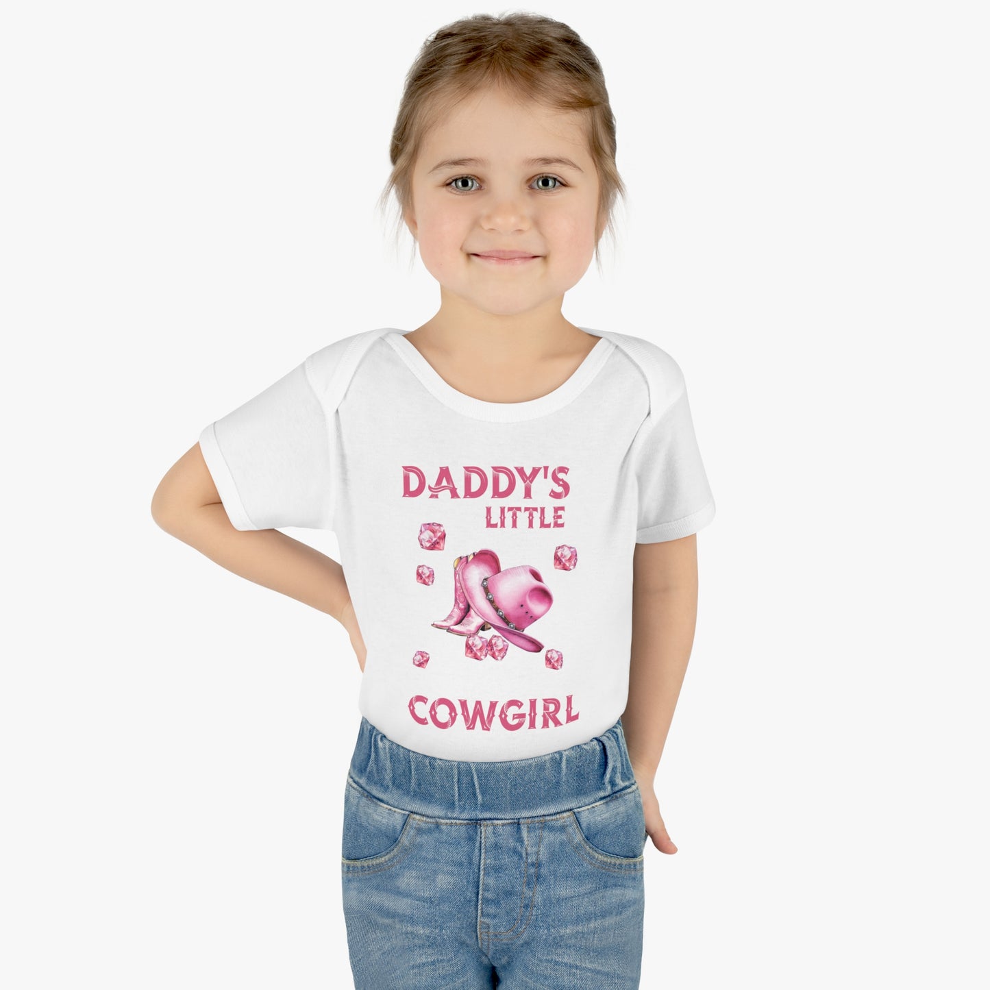 Infant Baby Rib Bodysuit, Daddy's Little Cowgirl baby Bodysuit, Pink Diamonds, Pink Cowboy Boots