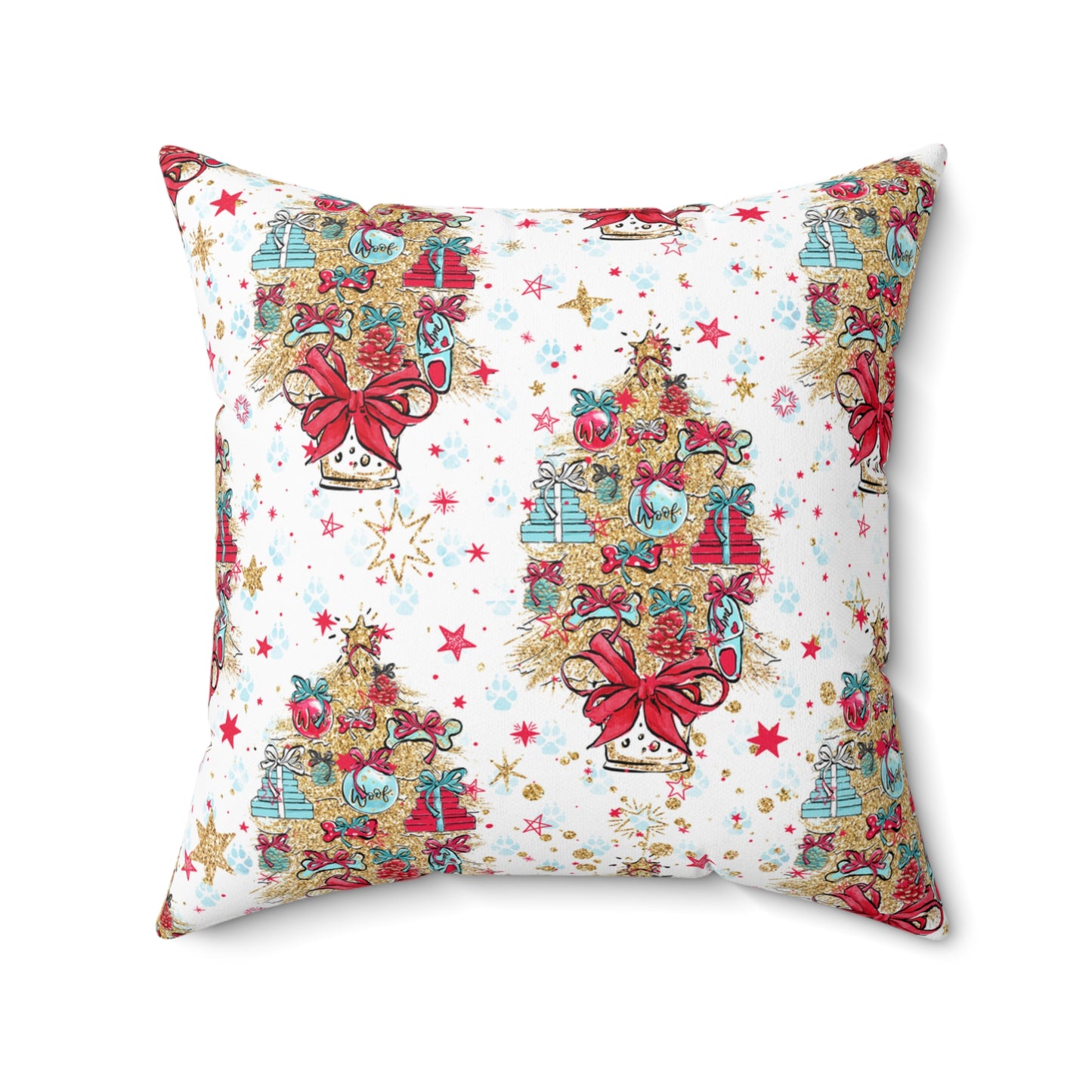 Spun Polyester Square Pillow, Doggie Christmas Tree Cushion