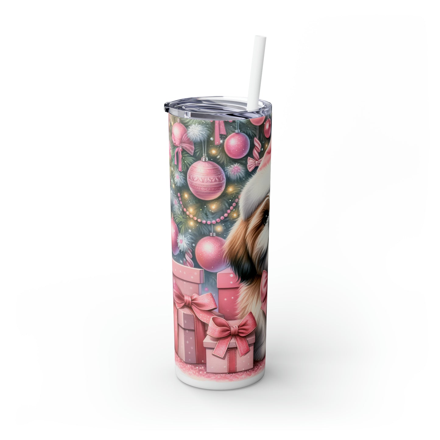 Skinny Tumbler with Straw, 20oz, Christmas Cute Puppy - Shiatzu