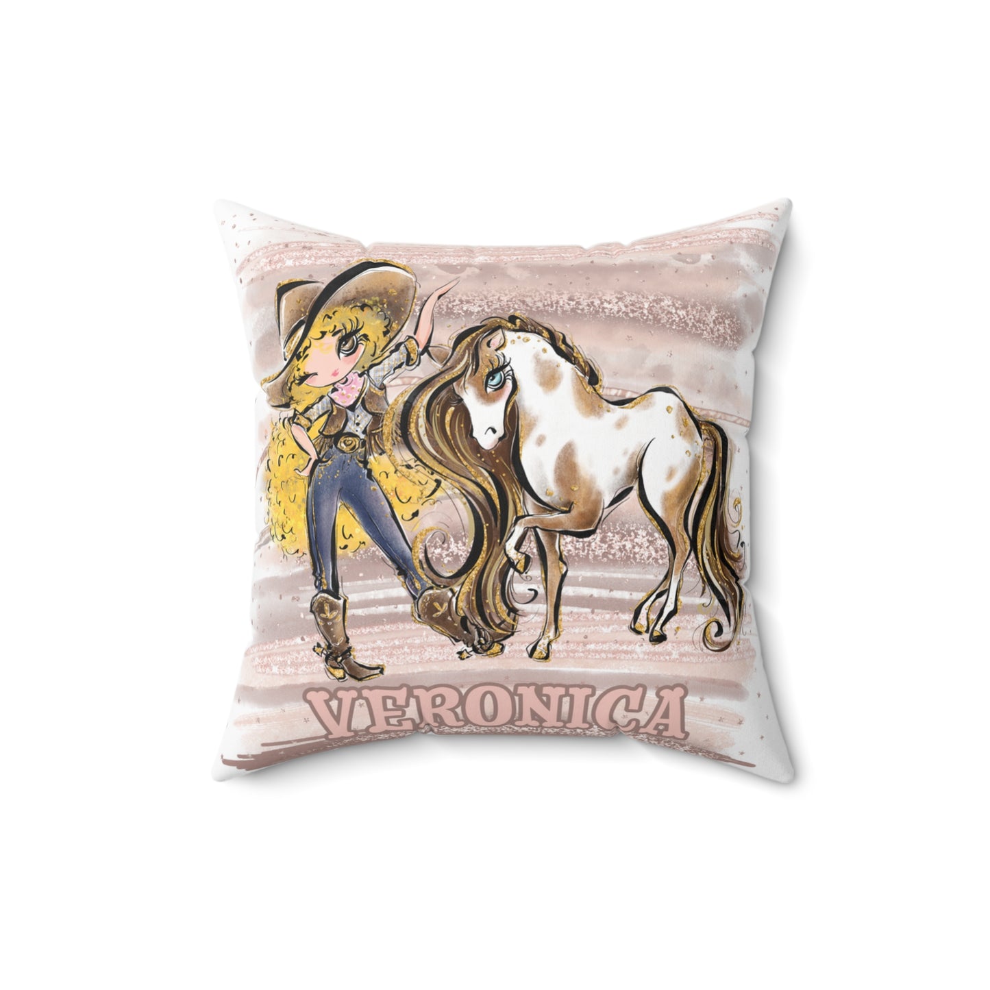 Personalised Cowgirl and Horse Cushion,  Blonde Curly Hair, Brown Eyes, Polyester Square Cushion, Christmas cushion