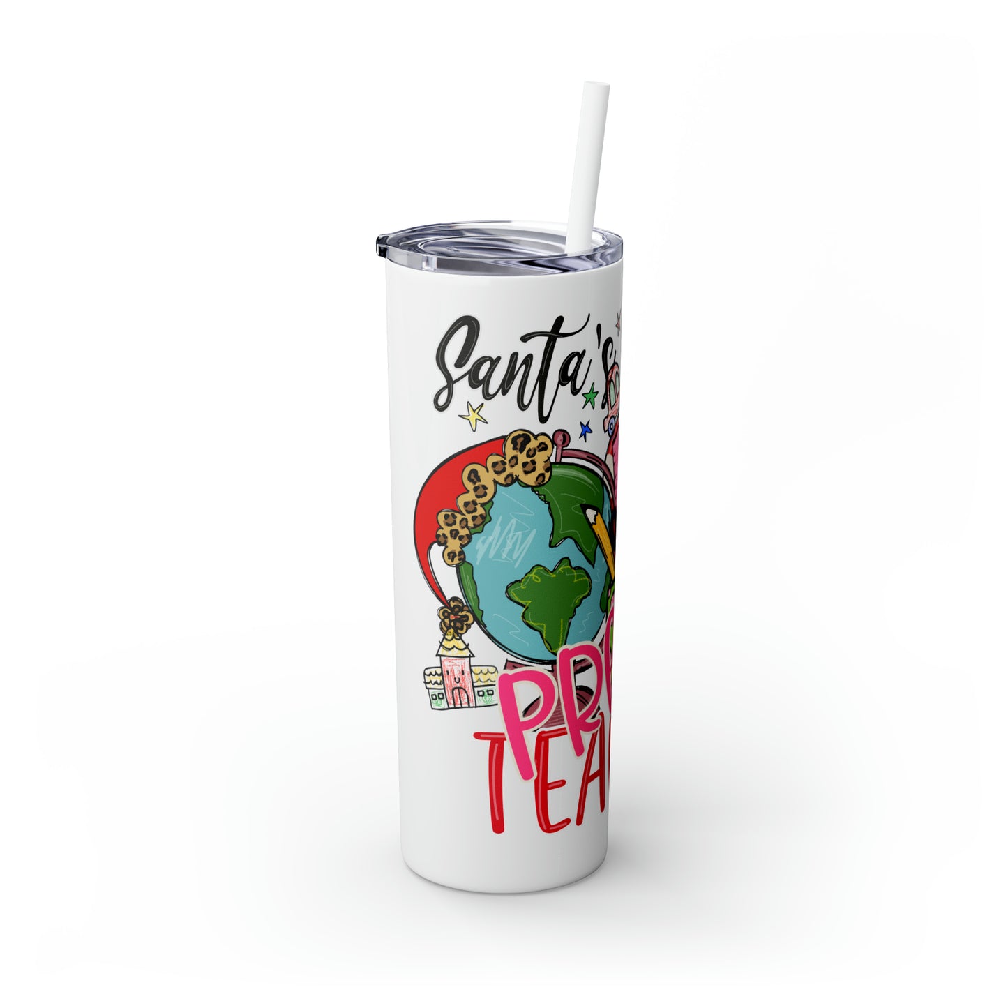 Skinny Tumbler with Straw, 20oz,  Santa's Favorite Pre-K Teacher