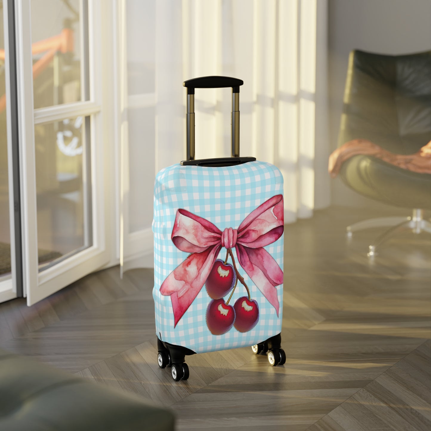 Luggage Cover, Rockabilly, Coquette, Pastel Blue Gingham, Cherries and Ribbon, awd-2513