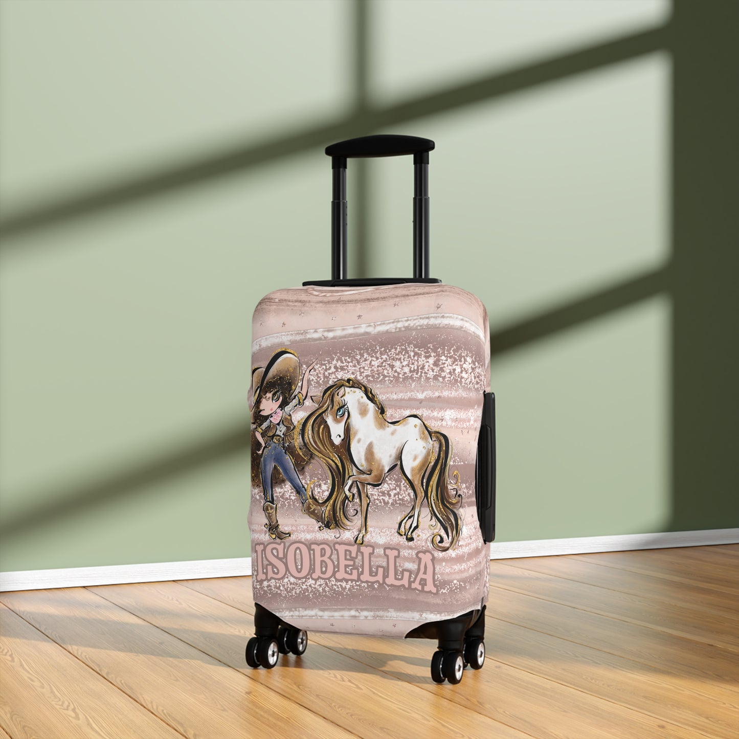 Luggage Cover, Howdy Cowgirl and Horse, Brunette Curly Hair Brown Eyes