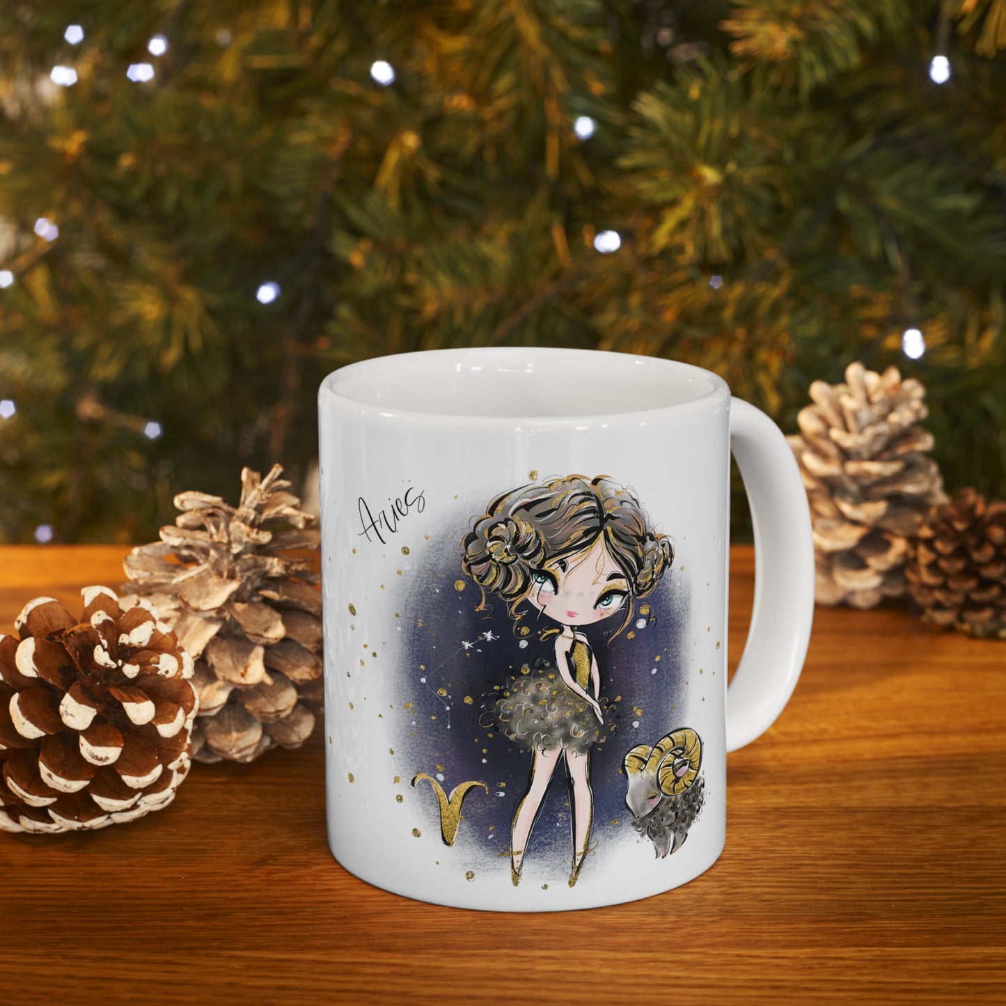 Personalised/Non Personalised Zodiac Sign, Aries, Ceramic Mug 11oz Brunette Hair - Blue Eyes - Bg