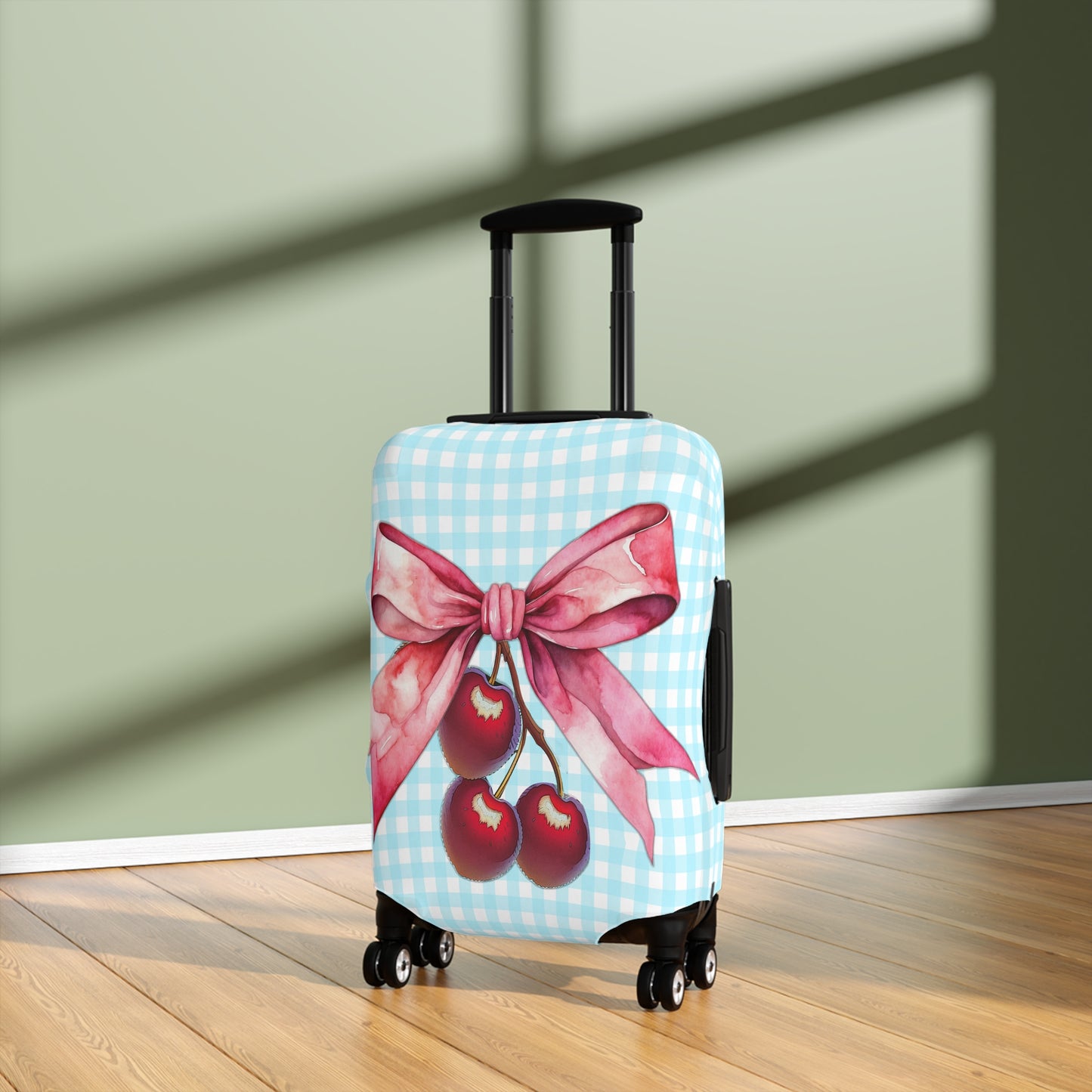 Luggage Cover, Rockabilly, Coquette, Pastel Blue Gingham, Cherries and Ribbon, awd-2513