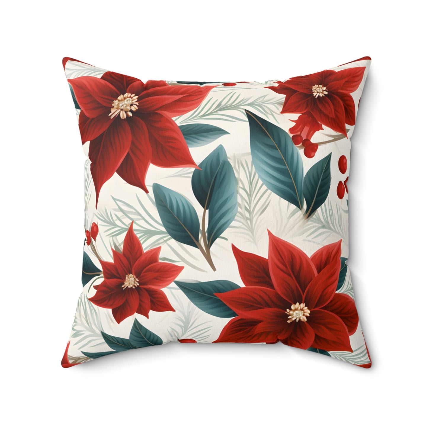 Spun Polyester Square Pillow, Red Poinsettia Floral Cushion