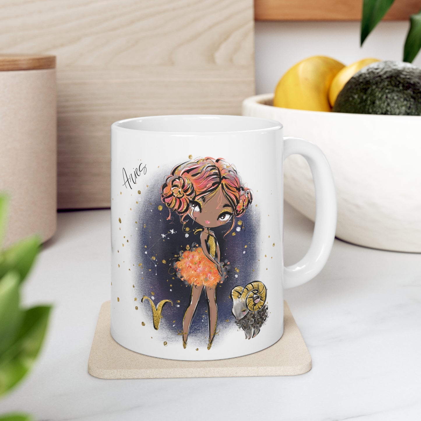 Personalised/Non Personalised Zodiac Sign, Aries, Ceramic Mug 11oz Red Hair - Olive Skin - Brown Eyes - Bg