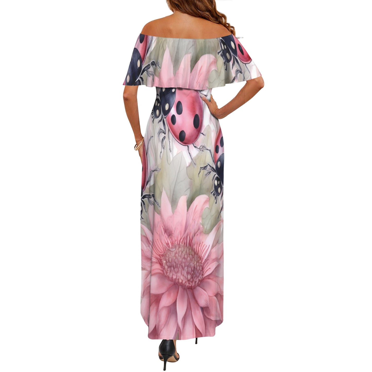 Floral Lady Birds awd332 Women's Off Shoulder Ruffle Boat Neck Dress (Model D71)