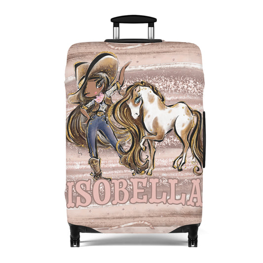 Luggage Cover, Howdy Cowgirl and Horse, Brunette Hair Olive Skin Brown Eyes