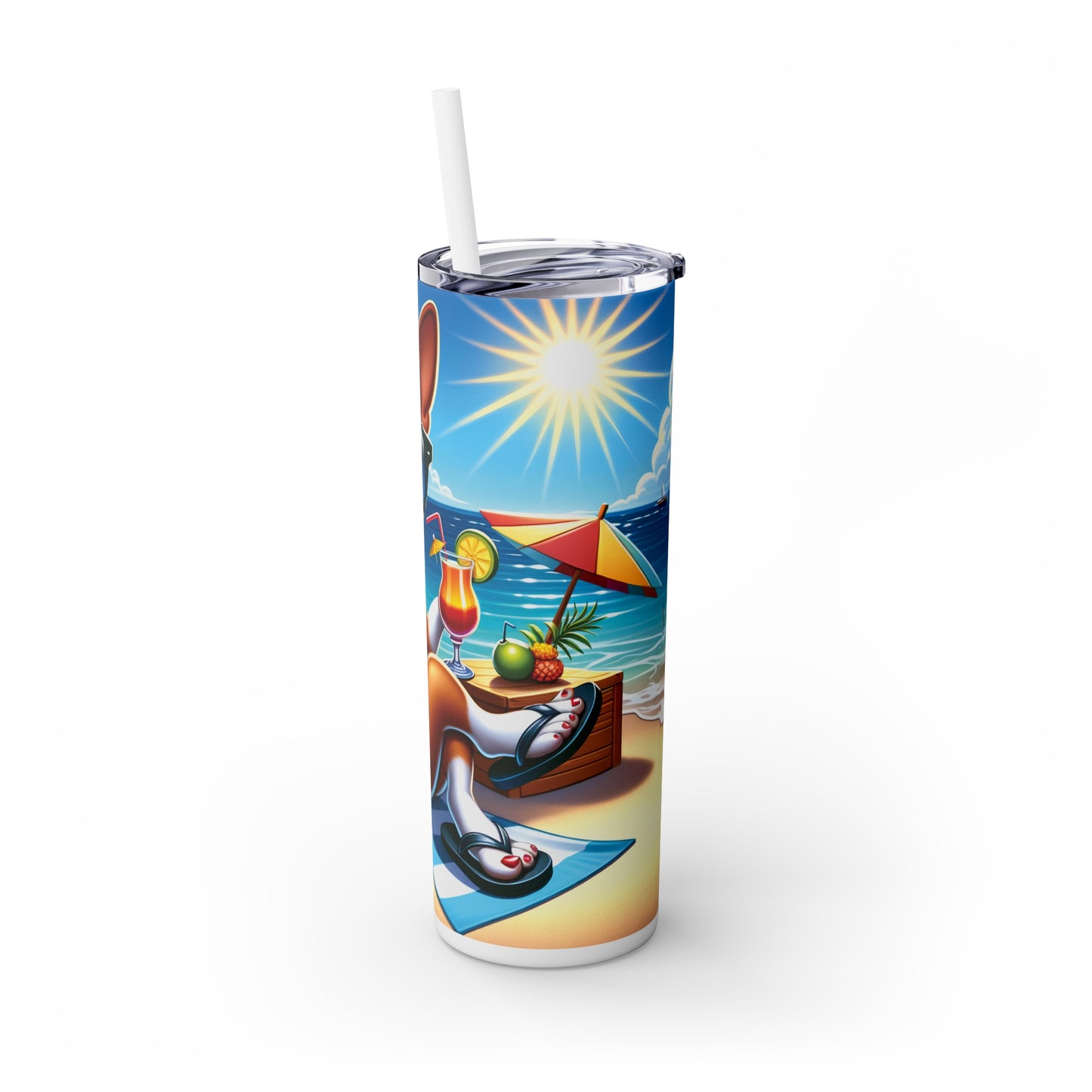 Skinny Tumbler with Straw, 20oz, Dog on Beach, Basenji, awd-1111