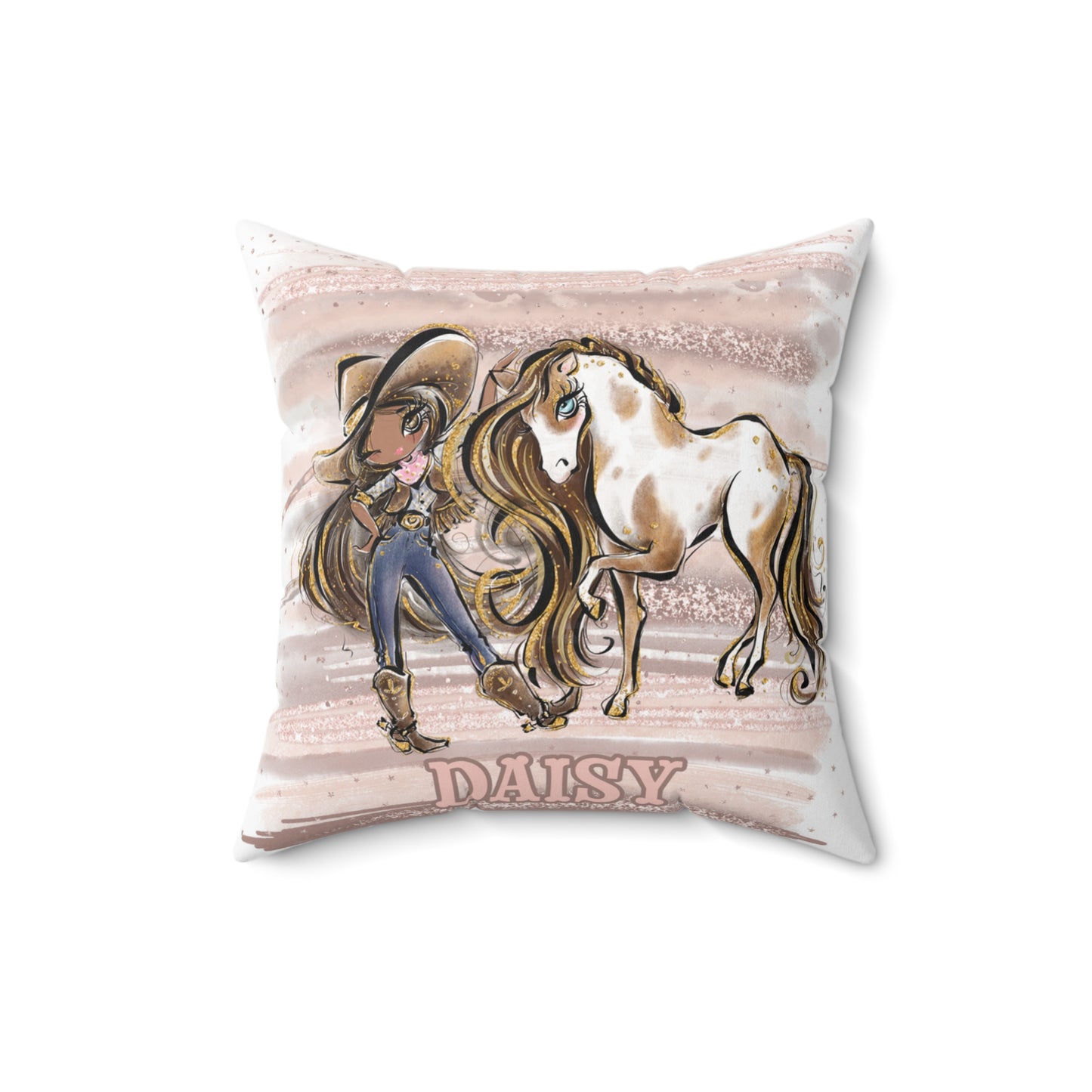 Personalised Cowgirl and Horse Cushion,  Brown Hair, Olive Skin, Brown Eyes, Polyester Square Cushion, Christmas cushion