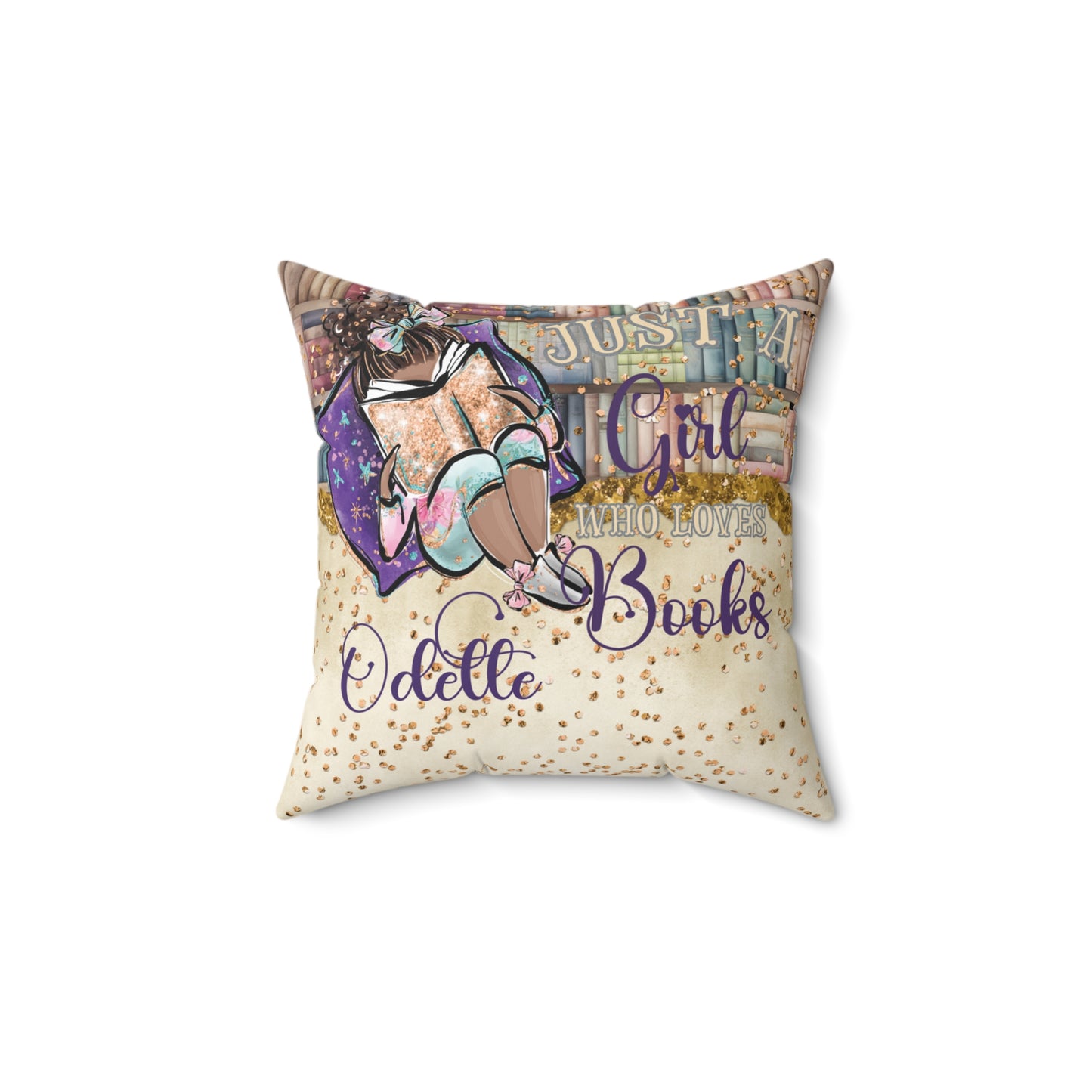 Polyester Square Pillow, Just a Girl who Loves Books, Dark Skin