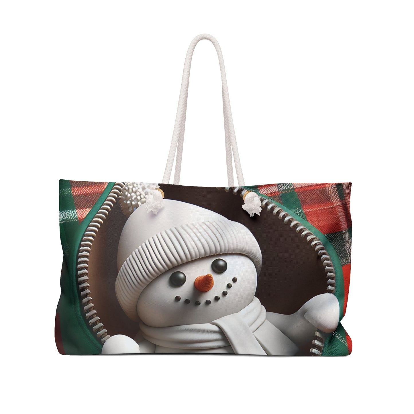 Personalised/Non-Personalised Weekender Bag, Cute Snowman, Christmas, Tartan, Large Weekender Bag, Beach Bag, Book Bag