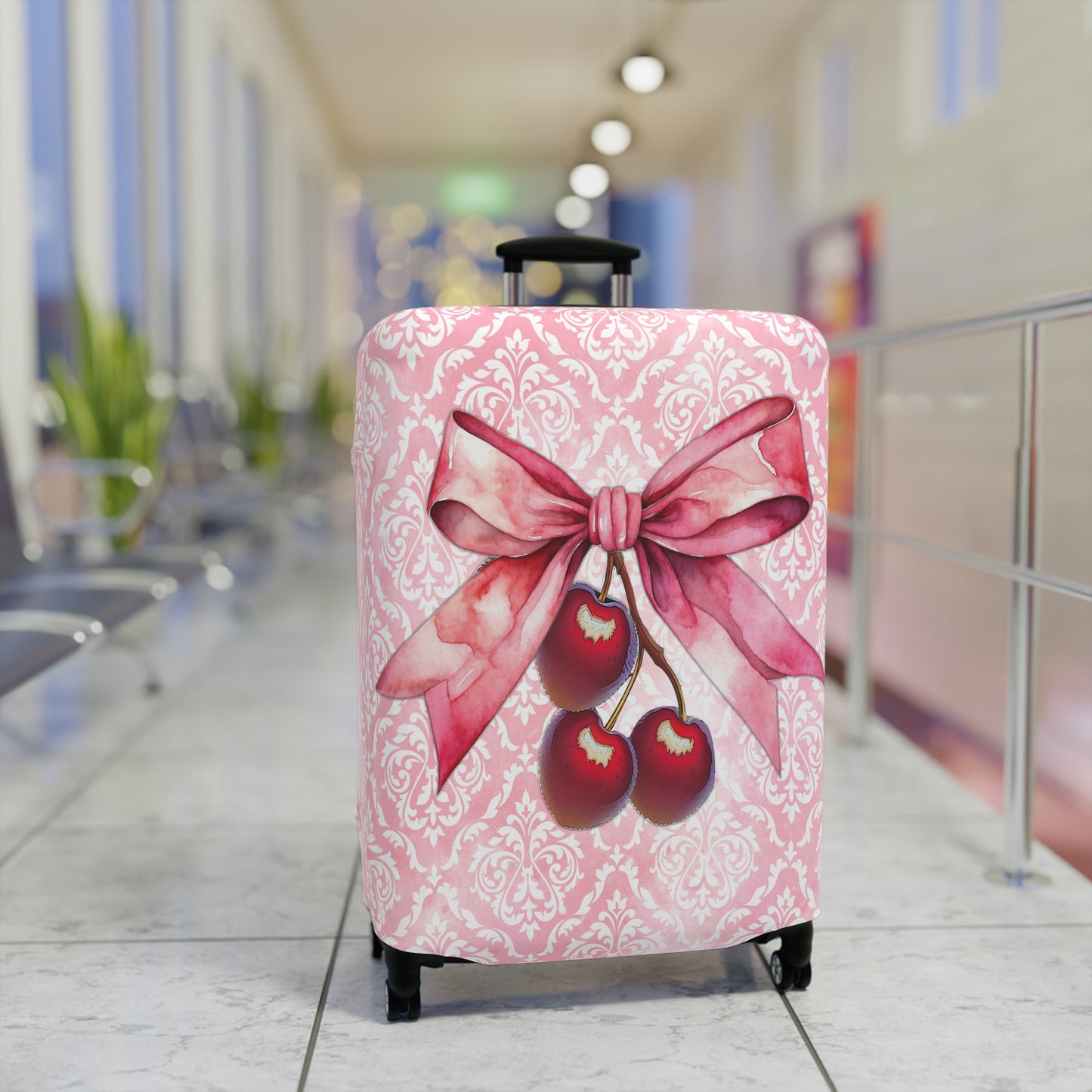 Luggage Cover, Rockabilly, Coquette, Pink Damask, Cherries and Ribbon, awd-2507