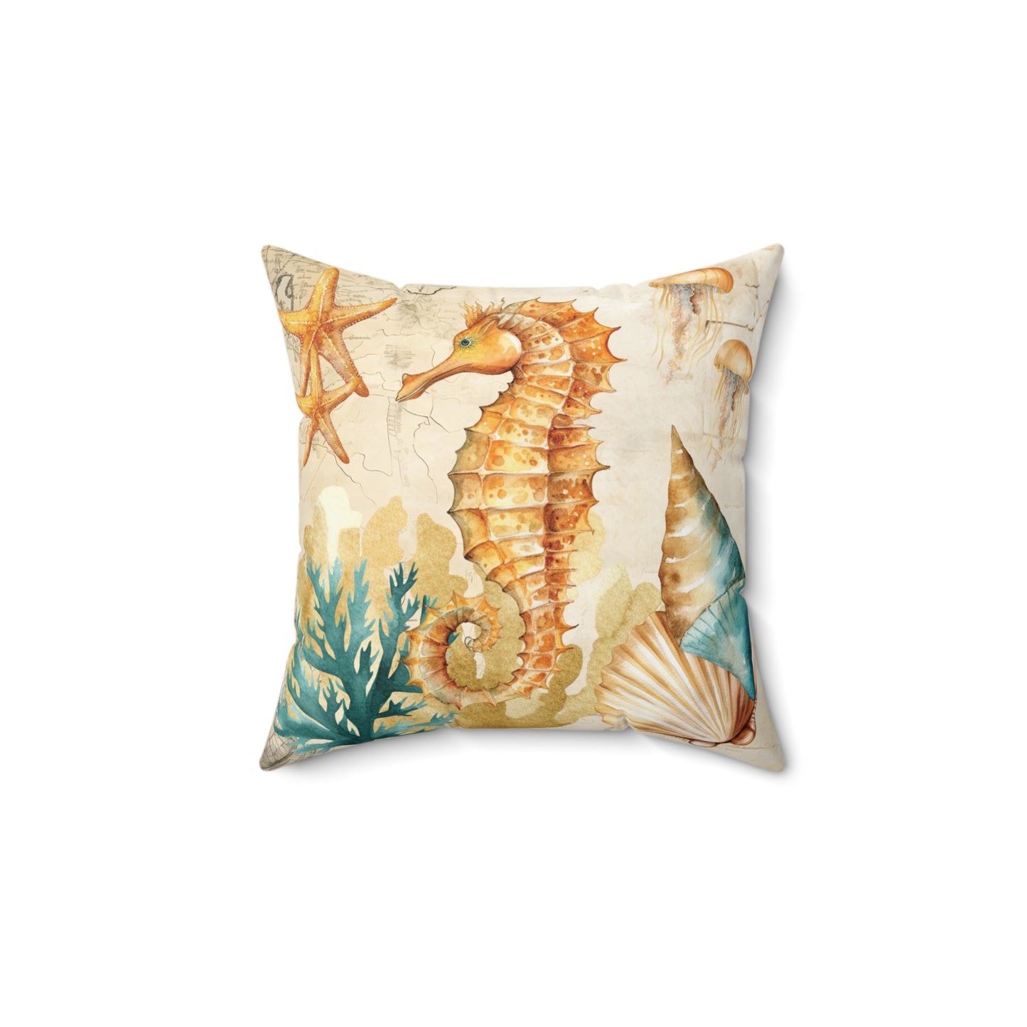 Nautical Polyester Square Cushion, Nautical cushion, Natural Seahorse