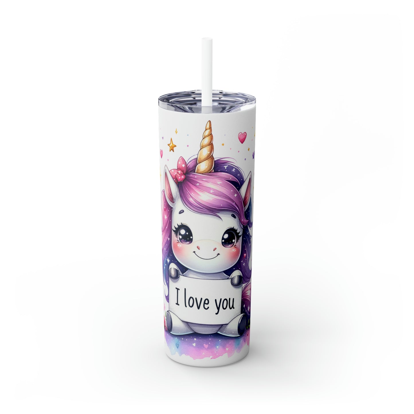 Skinny Tumbler with Straw, 20oz, Unicorn, I Love you