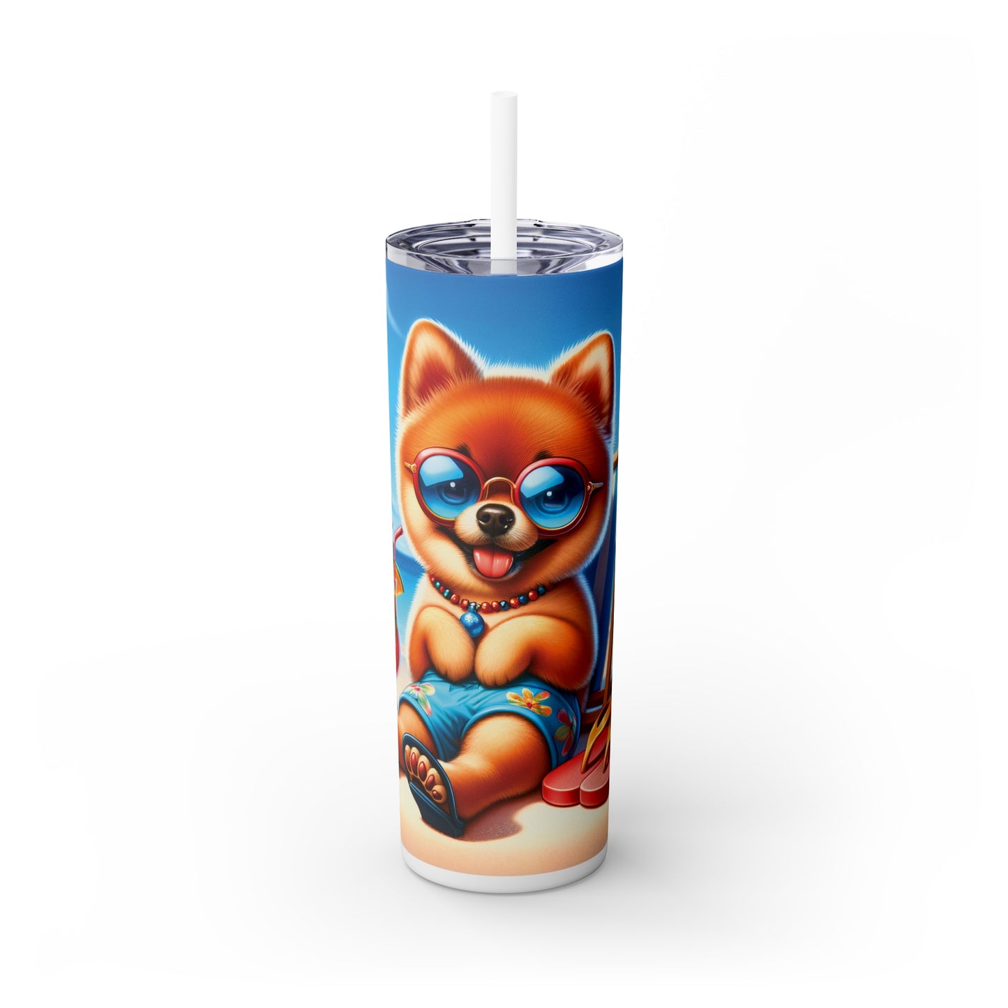 Skinny Tumbler with Straw, 20oz, Dog on Beach,  Cute Pomeranian, awd-1232