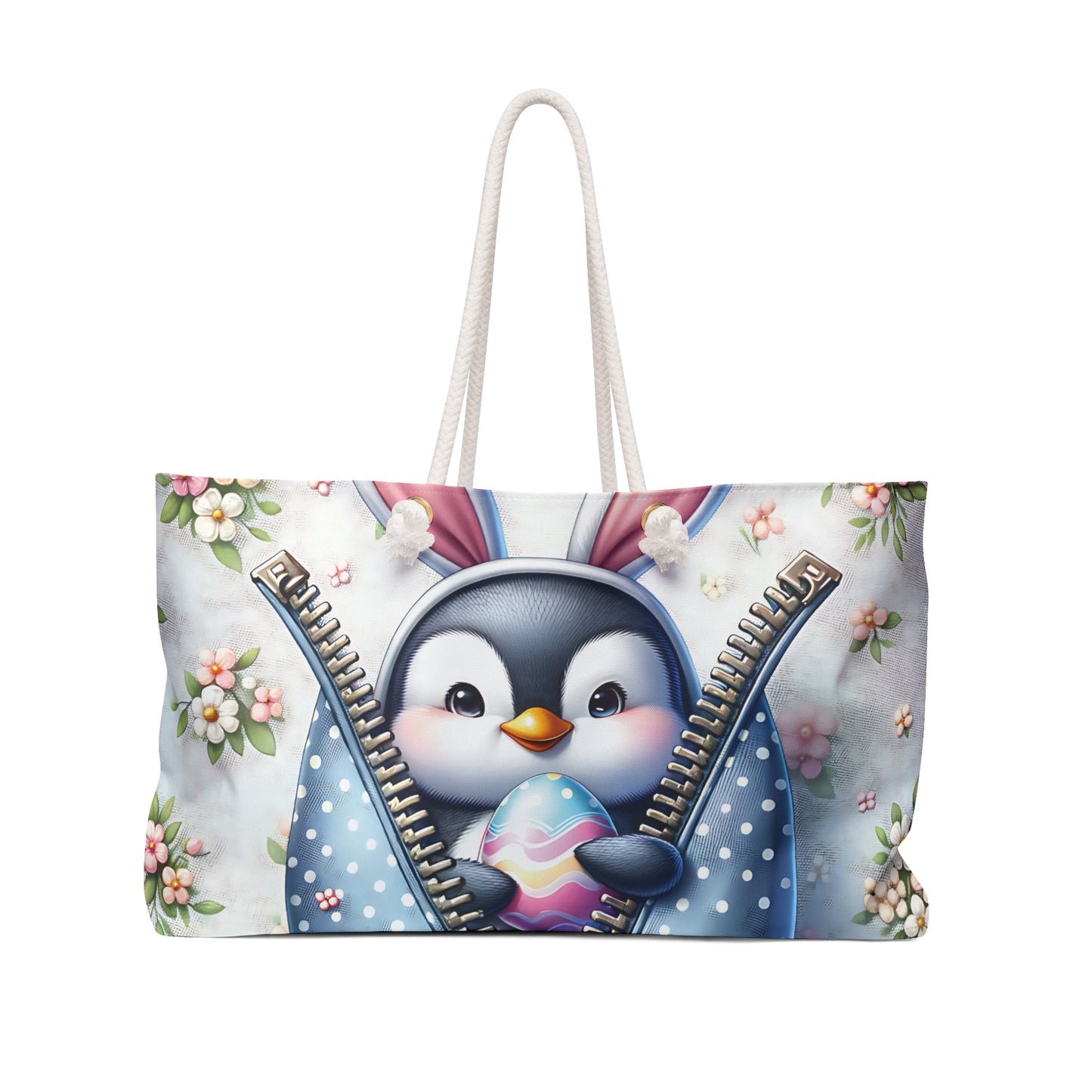 Personalised/Non-Personalised Weekender Bag, Easter, Cute Penguin with Bunny Ears, Large Weekender Bag, Beach Bag, Book Bag