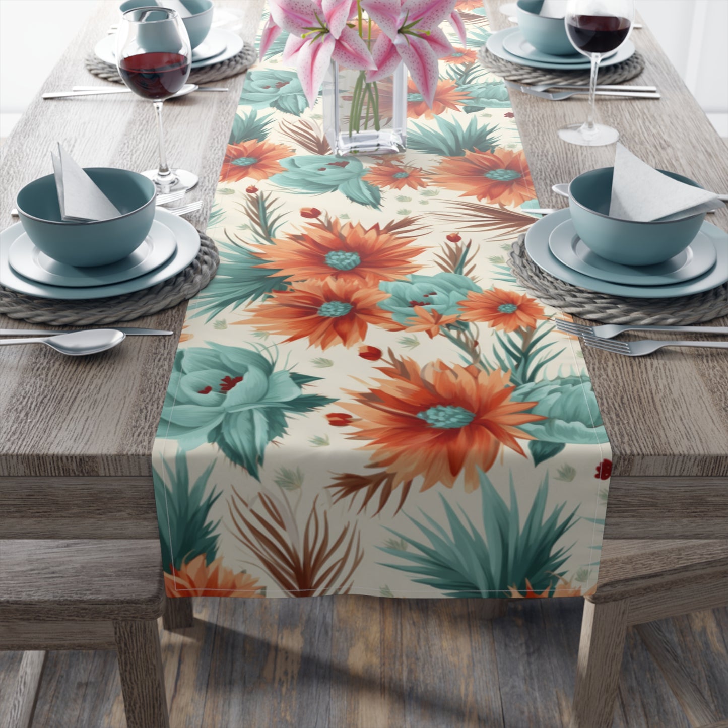 Boho Floral Table Runner, Cotton Twill and Poly Available