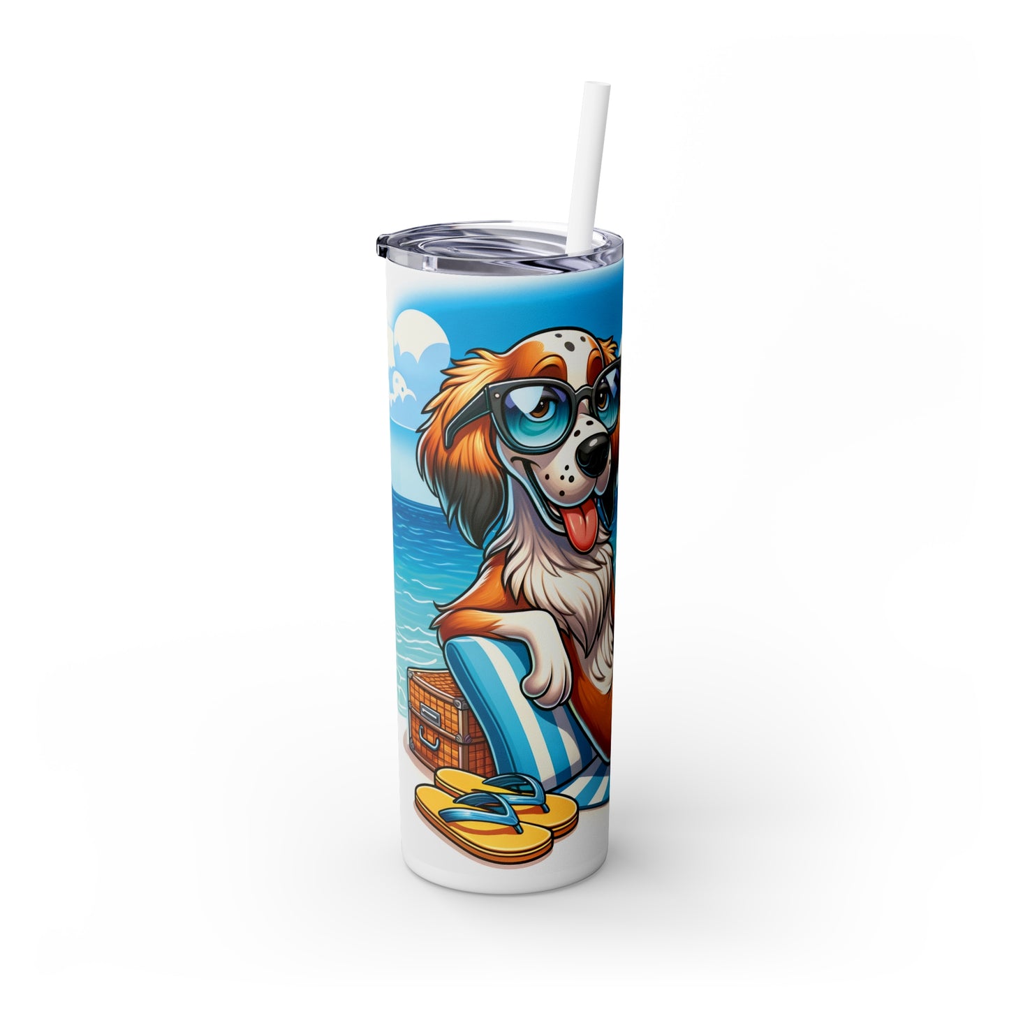 Skinny Tumbler with Straw, 20oz, Dog on Beach, English Setter, awd-1211