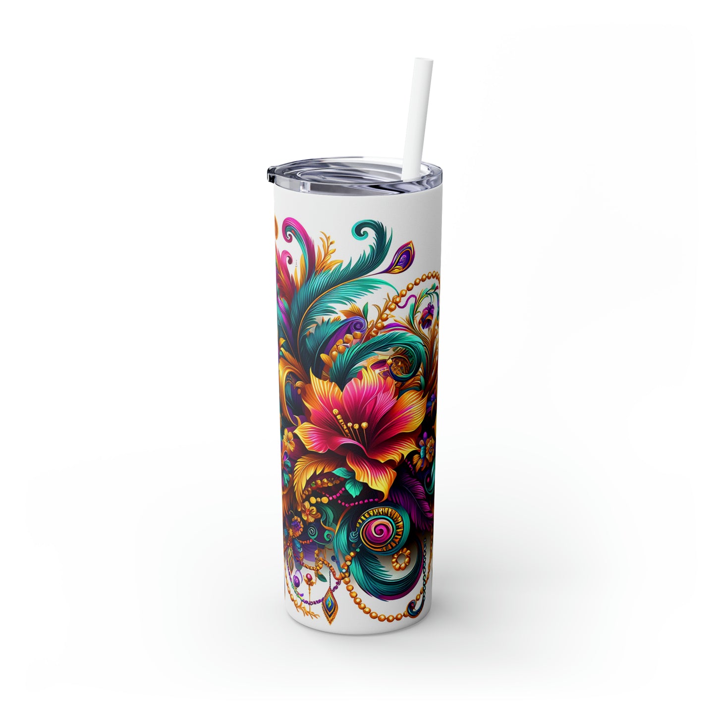 Skinny Tumbler with Straw, 20oz, Floral, Mardi Gras