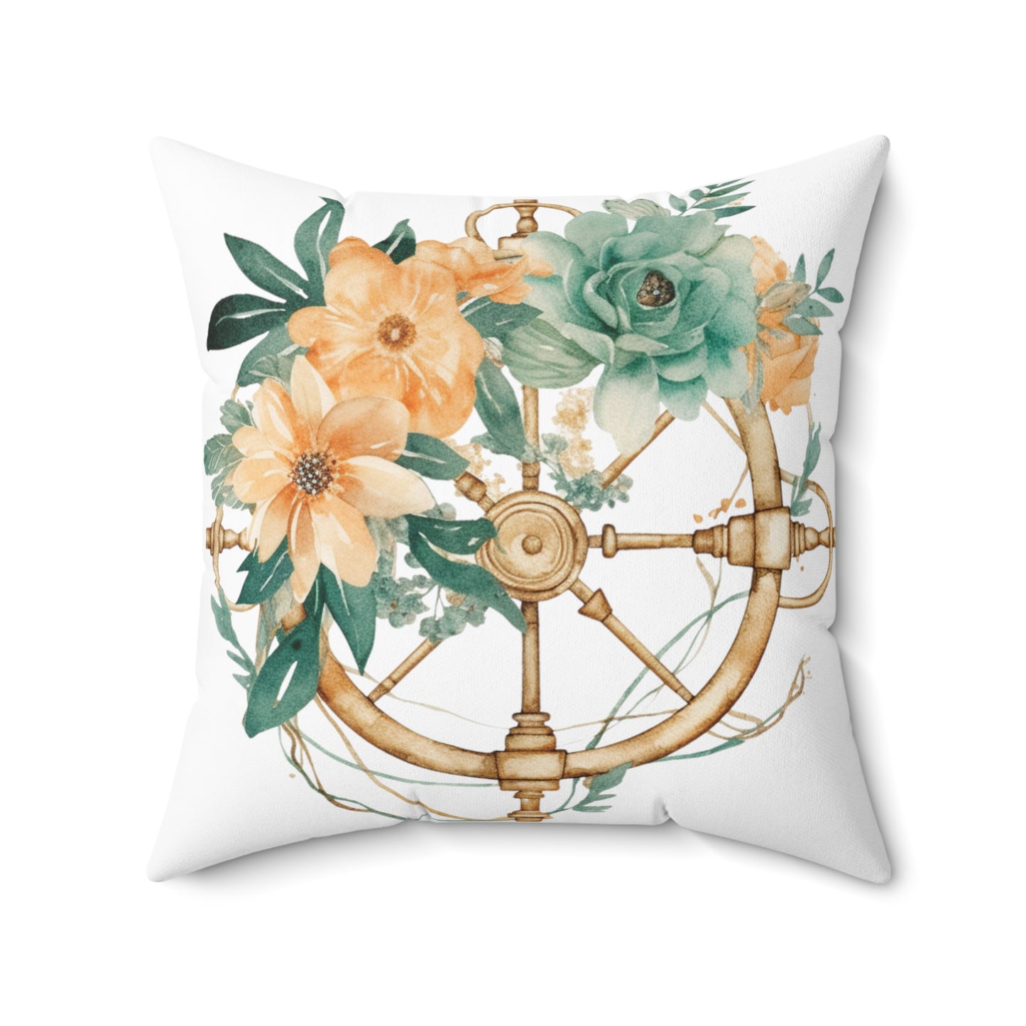 Nautical Polyester Square Cushion, Nautical cushion, Floral Ships Wheel